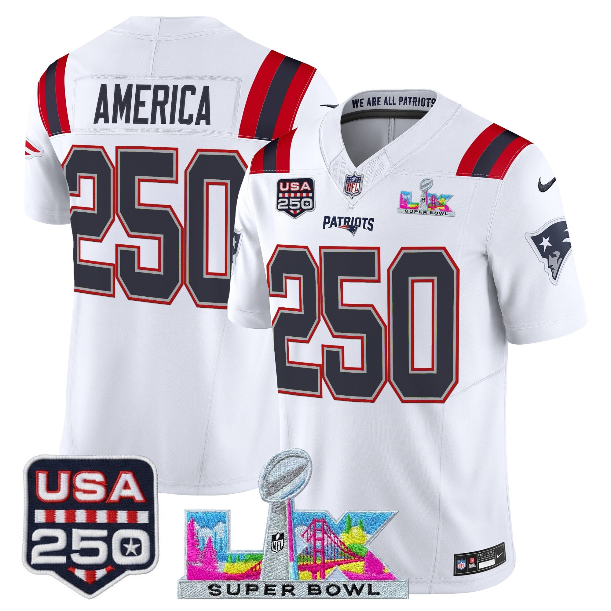 Men's New England Patriots "Super Bowl LX & United States 250th Anniversary Patch" Vapor Limited Jersey - All Stitched