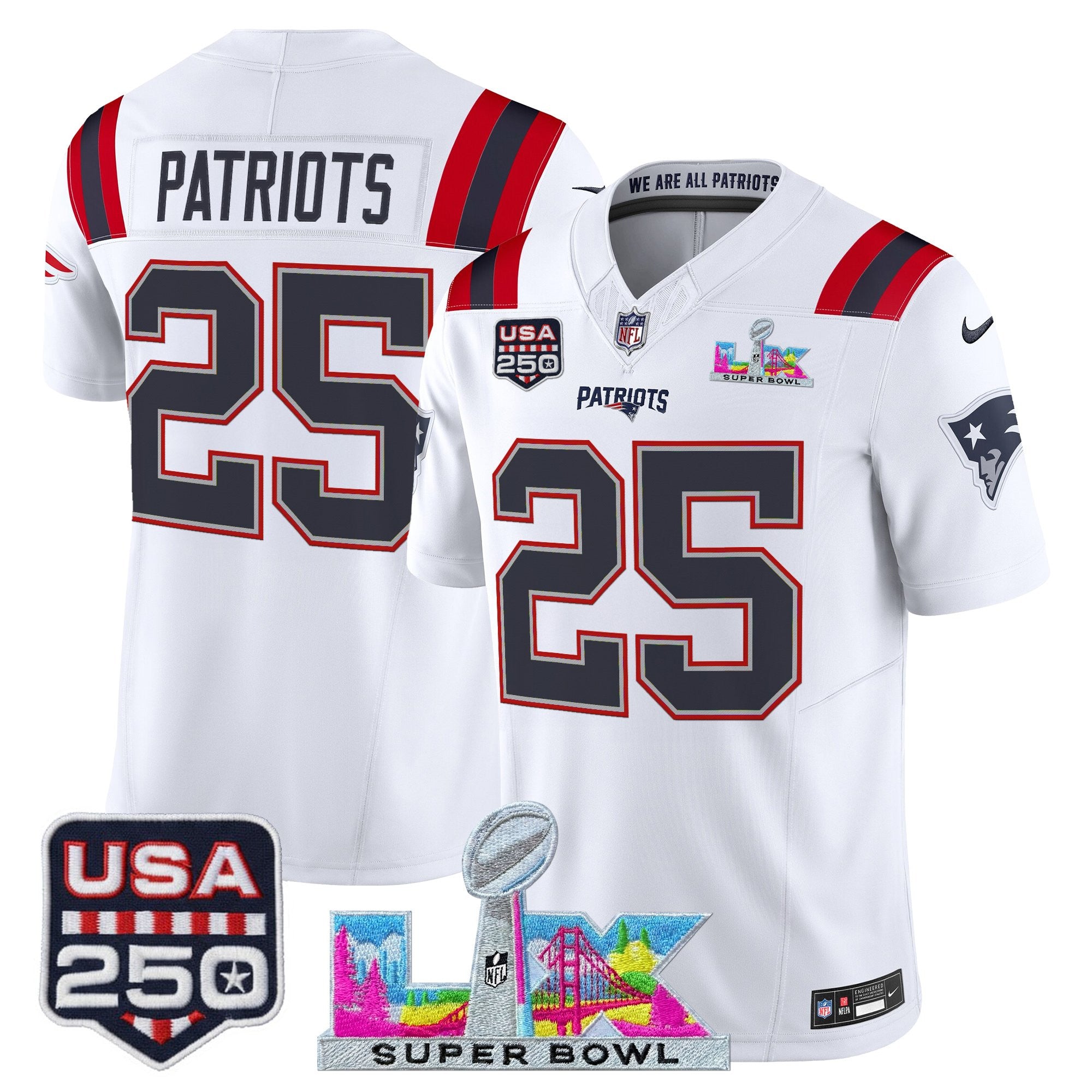 Men's New England Patriots "Super Bowl LX & United States 250th Anniversary Patch" Vapor Limited Jersey - All Stitched