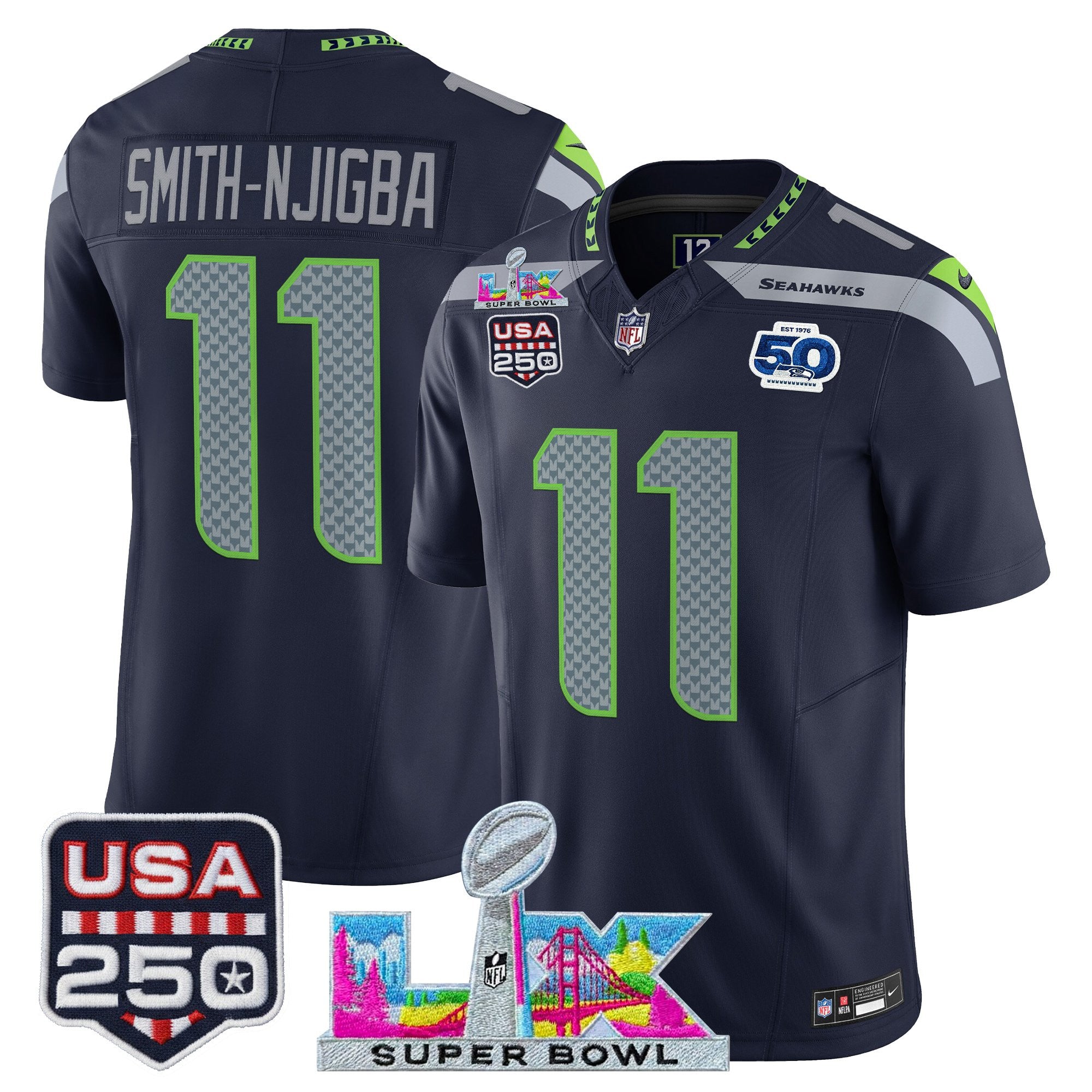 Men's Seattle Seahawks "Super Bowl LX & United States 250th Anniversary Patch" Vapor Limited Jersey - All Stitched