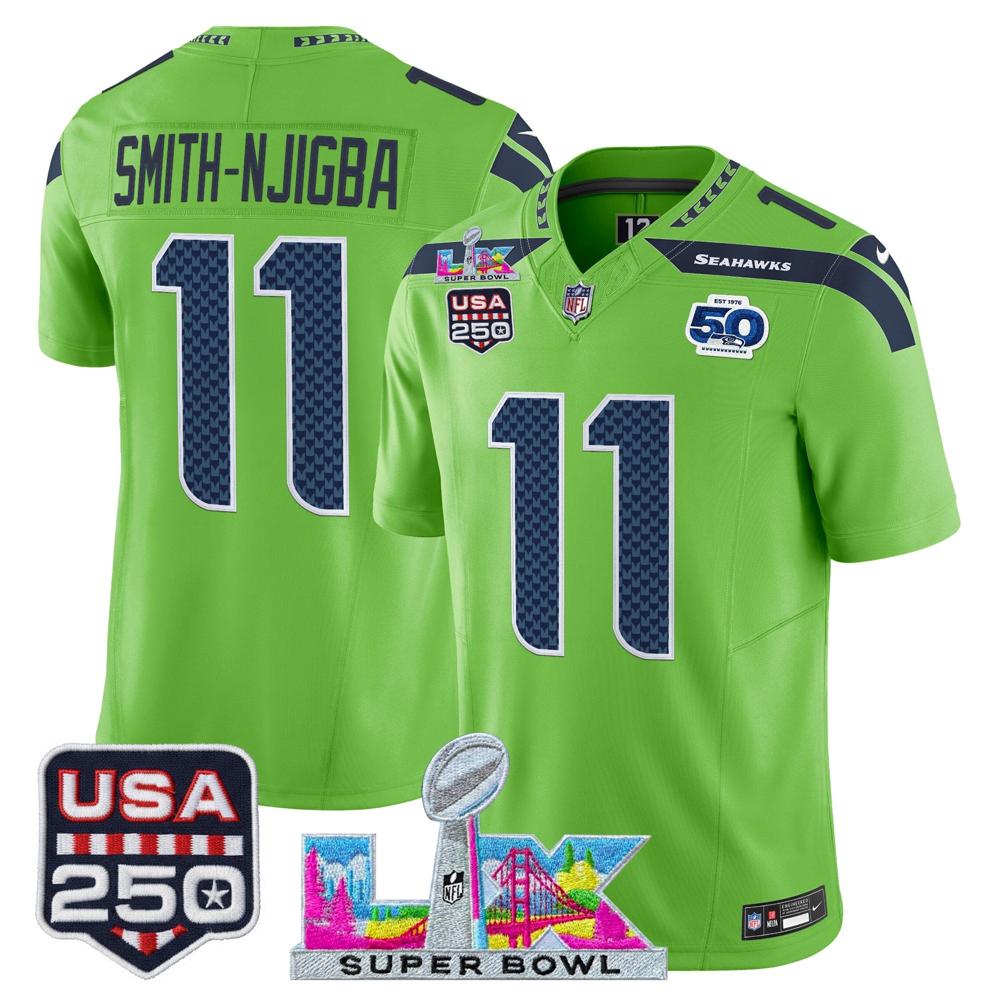 Men's Seattle Seahawks "Super Bowl LX & United States 250th Anniversary Patch" Vapor Limited Jersey - All Stitched