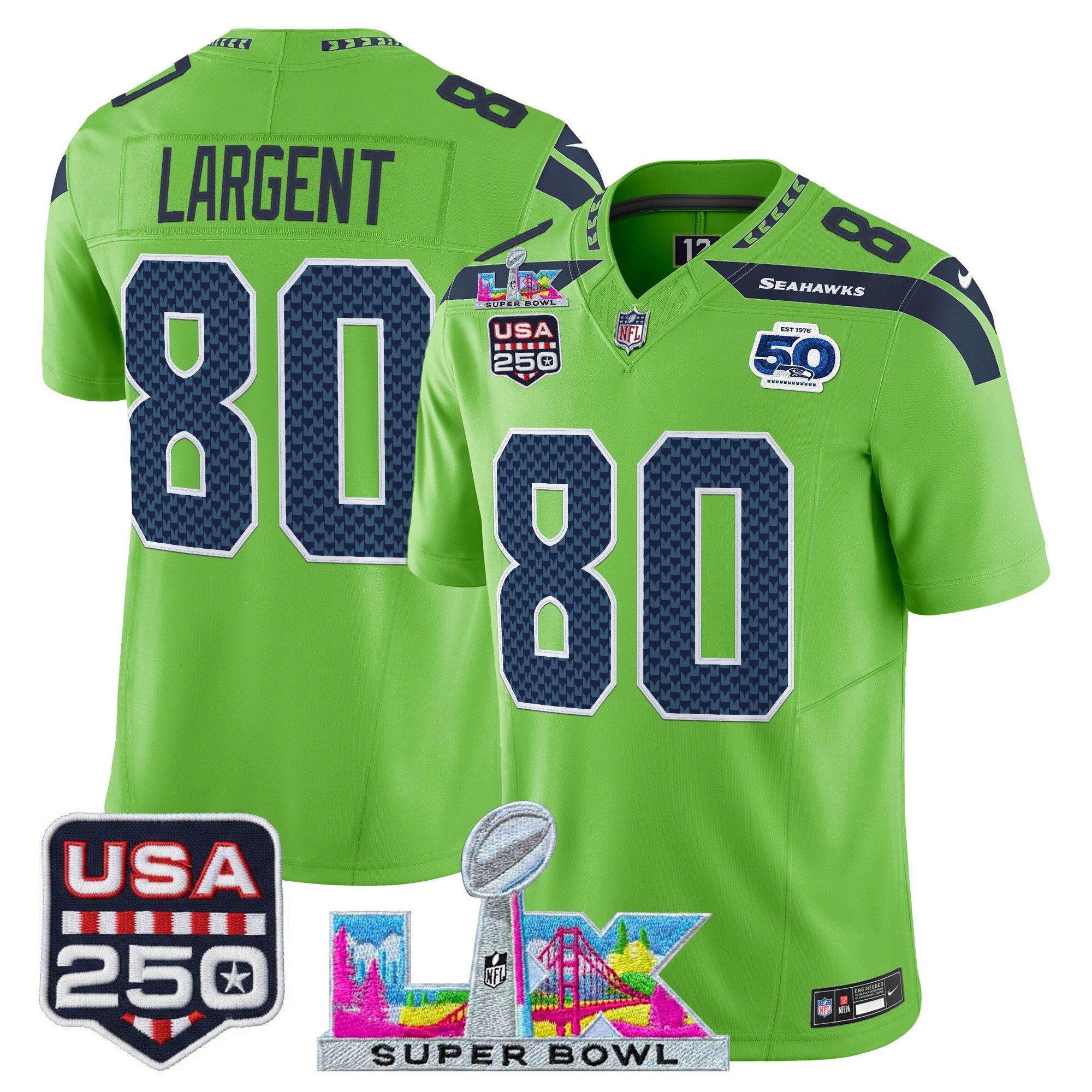 Men's Seattle Seahawks "Super Bowl LX & United States 250th Anniversary Patch" Vapor Limited Jersey - All Stitched