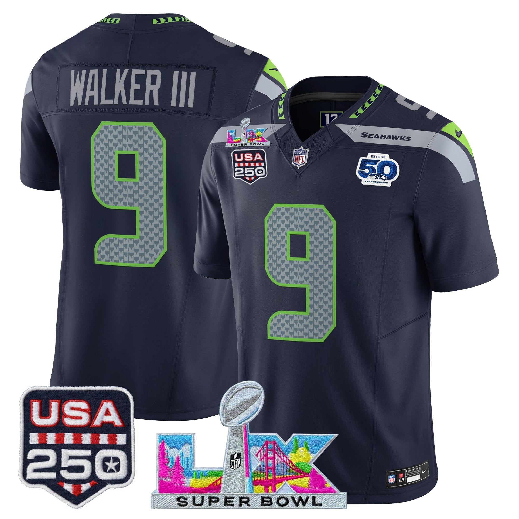 Men's Seattle Seahawks "Super Bowl LX & United States 250th Anniversary Patch" Vapor Limited Jersey - All Stitched