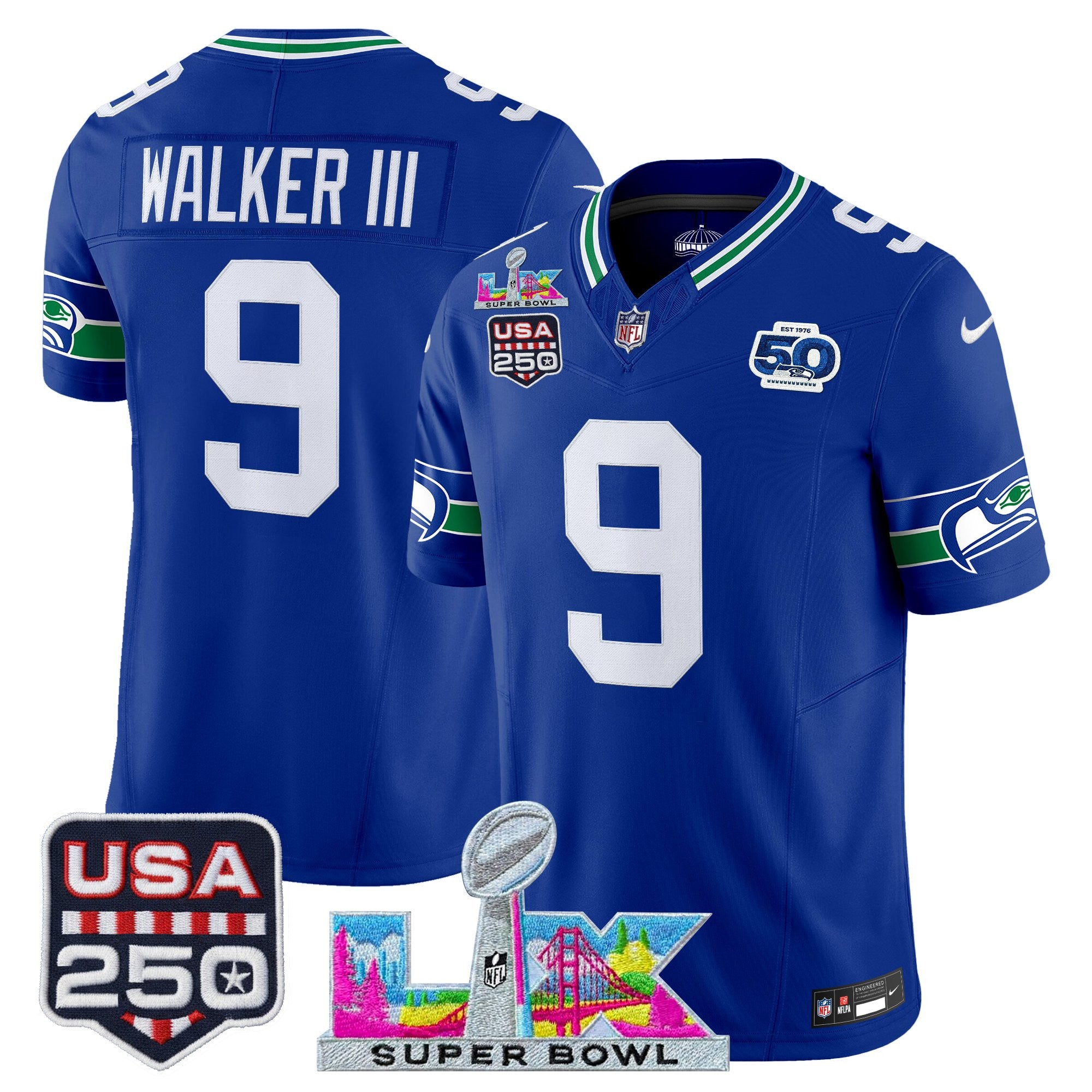 Men's Seattle Seahawks "Super Bowl LX & United States 250th Anniversary Patch" Vapor Limited Jersey - All Stitched