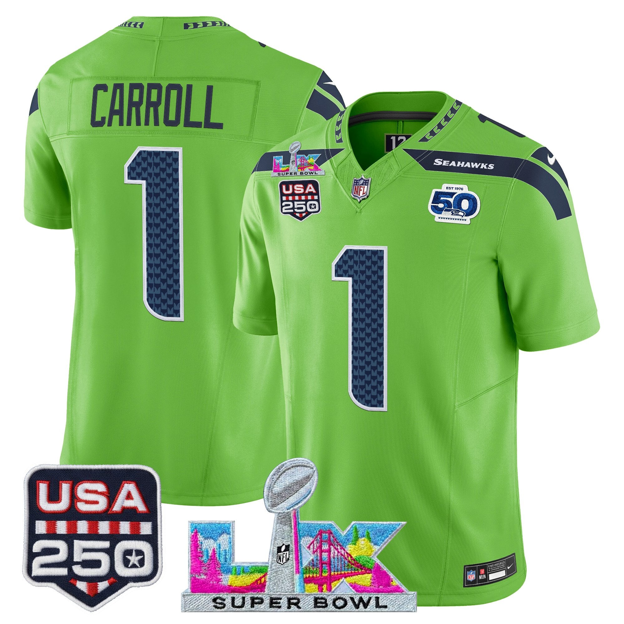 Men's Seattle Seahawks "Super Bowl LX & United States 250th Anniversary Patch" Vapor Limited Jersey - All Stitched