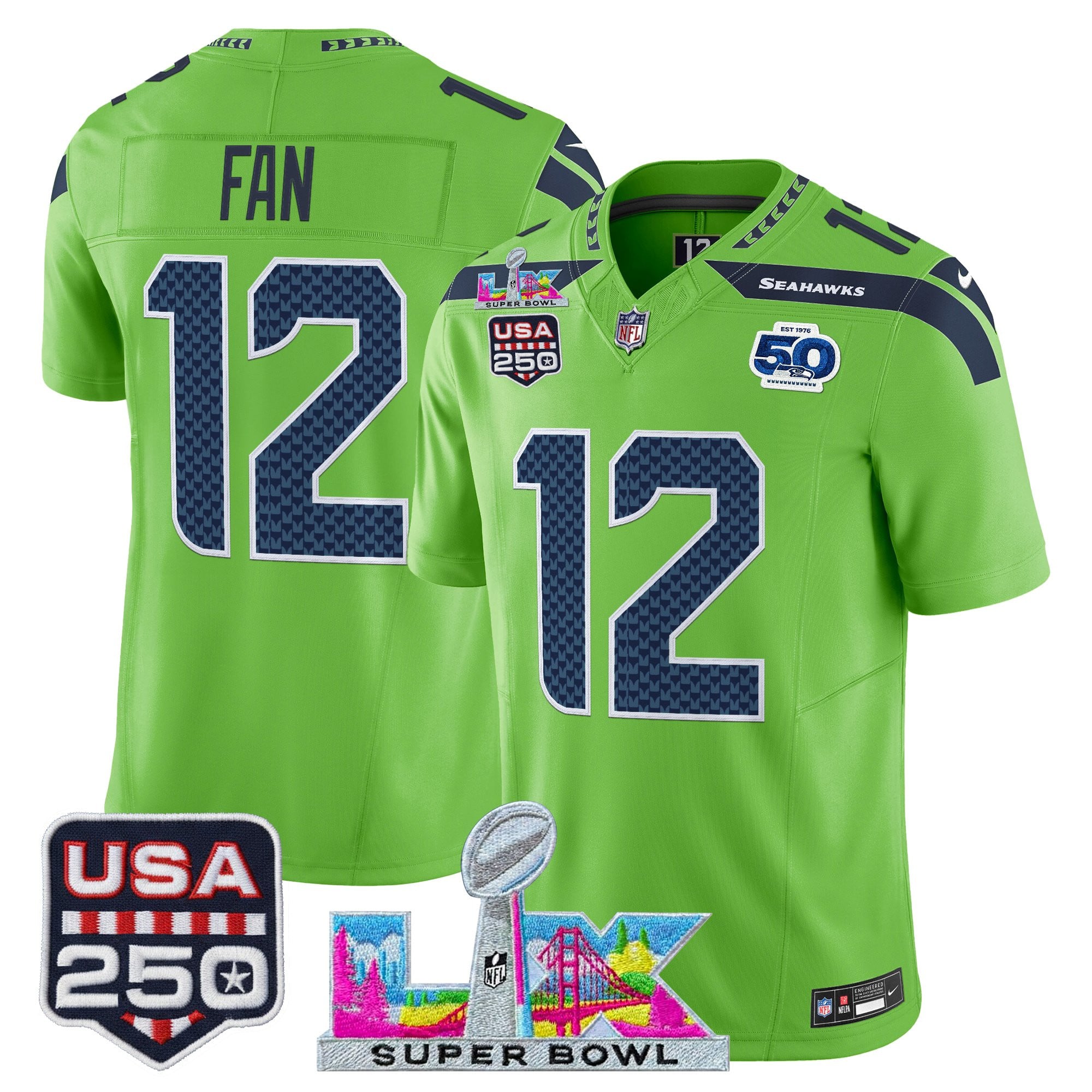 Men's Seattle Seahawks "Super Bowl LX & United States 250th Anniversary Patch" Vapor Limited Jersey - All Stitched