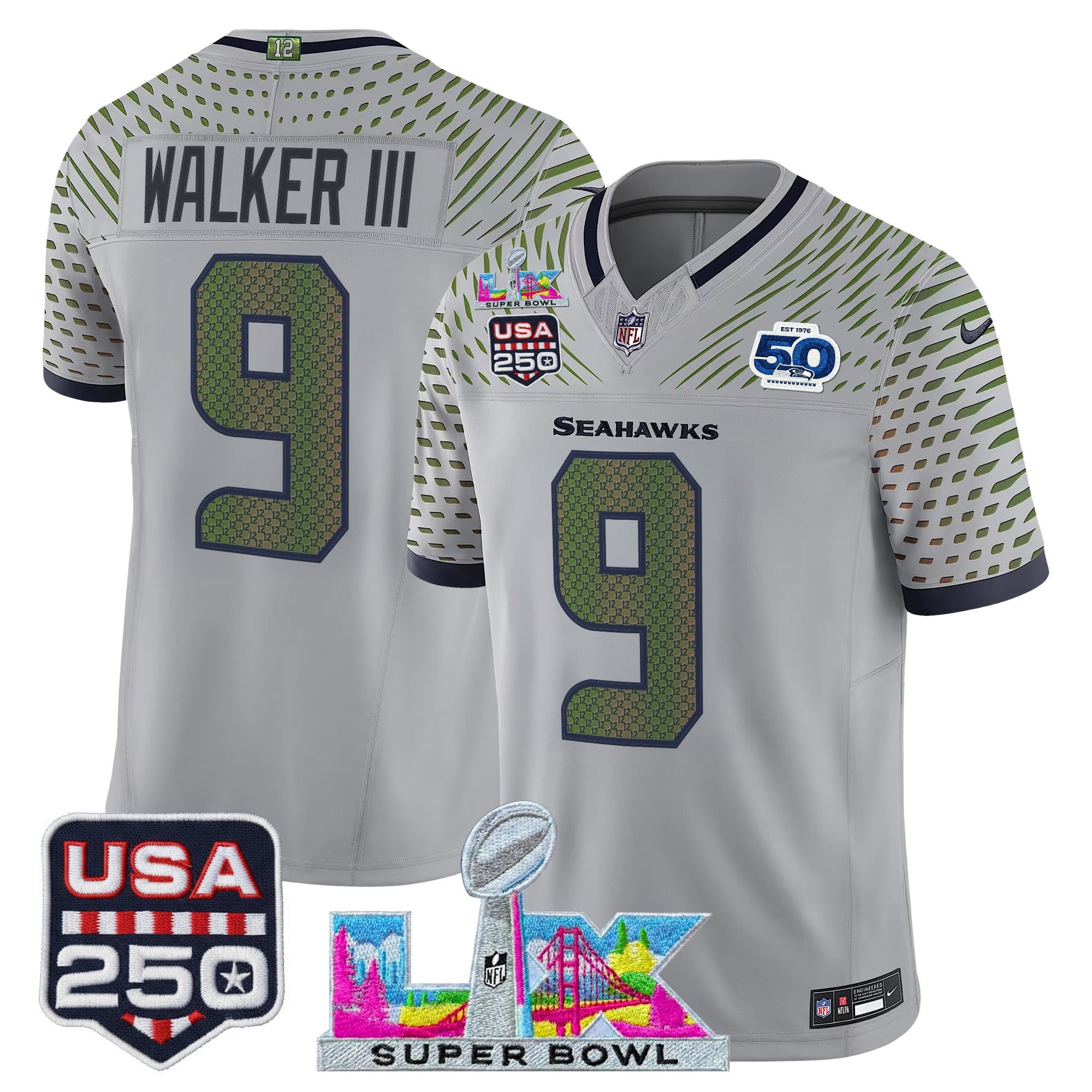 Men's Seattle Seahawks "Super Bowl LX & United States 250th Anniversary Patch" Vapor Limited Jersey - All Stitched