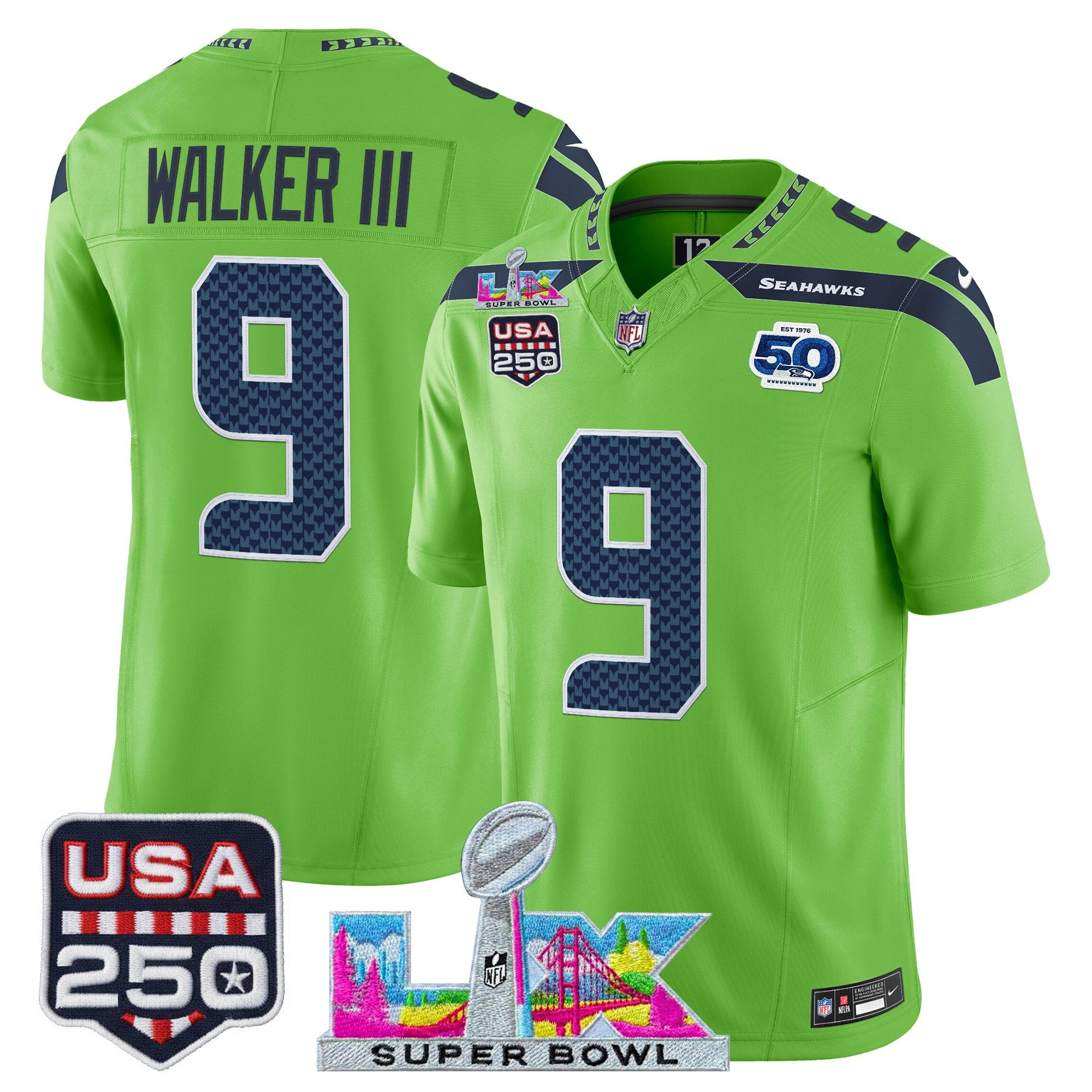 Men's Seattle Seahawks "Super Bowl LX & United States 250th Anniversary Patch" Vapor Limited Jersey - All Stitched