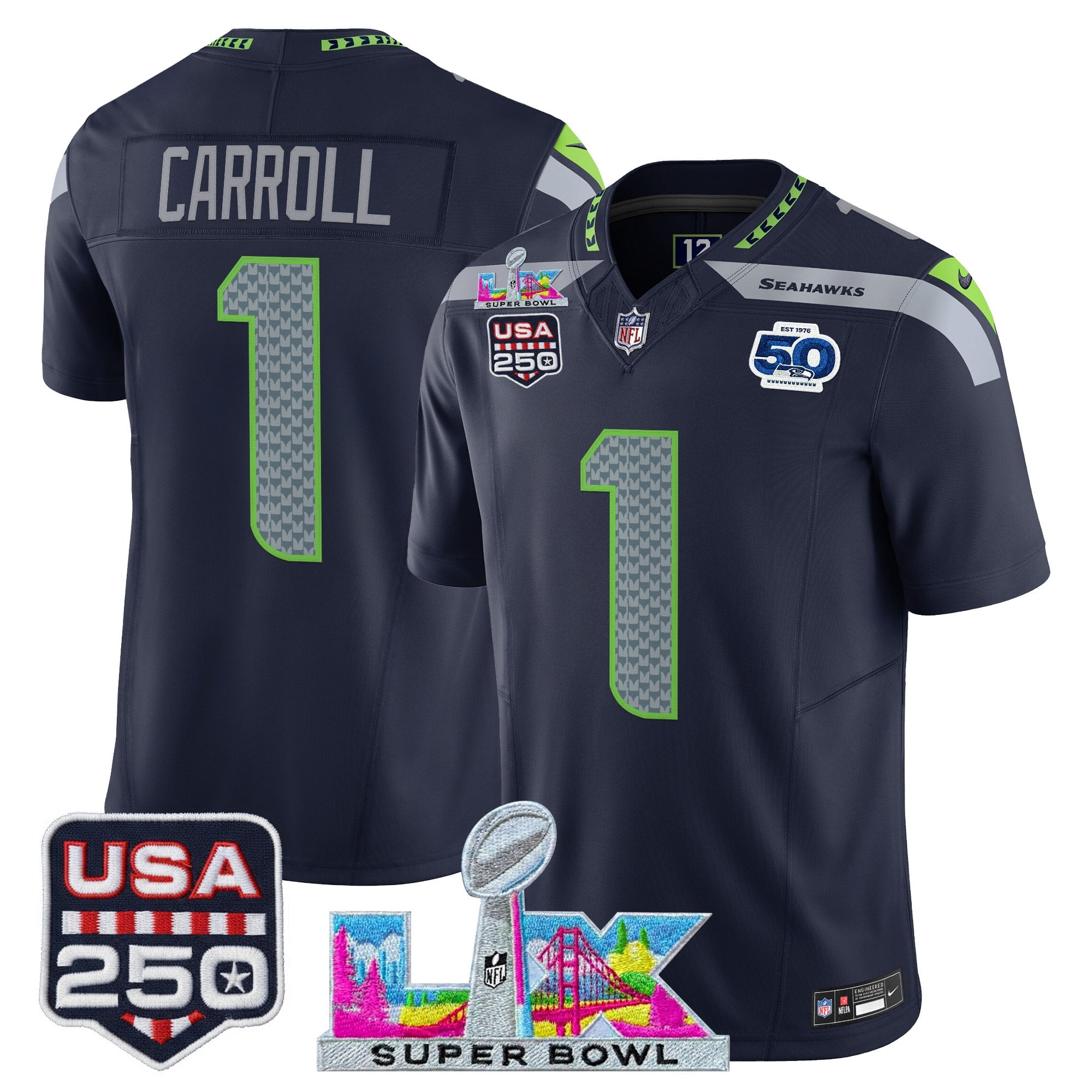 Men's Seattle Seahawks "Super Bowl LX & United States 250th Anniversary Patch" Vapor Limited Jersey - All Stitched