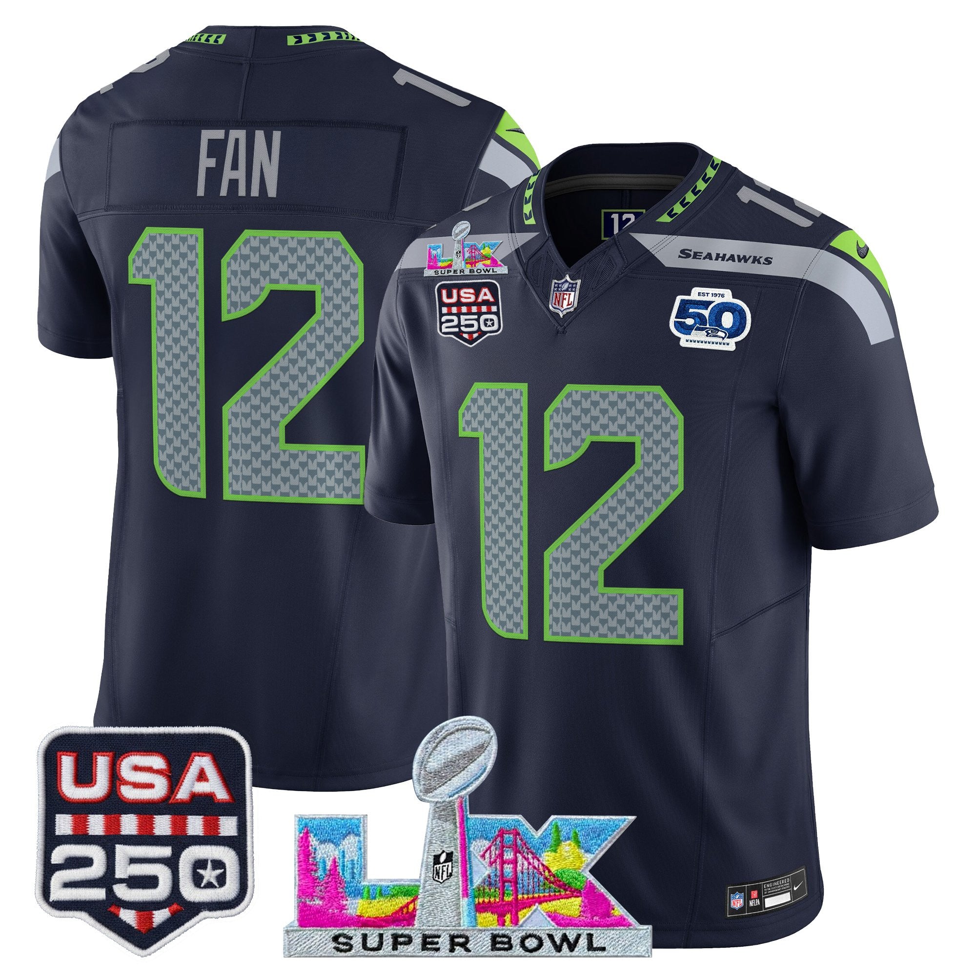 Men's Seattle Seahawks "Super Bowl LX & United States 250th Anniversary Patch" Vapor Limited Jersey - All Stitched