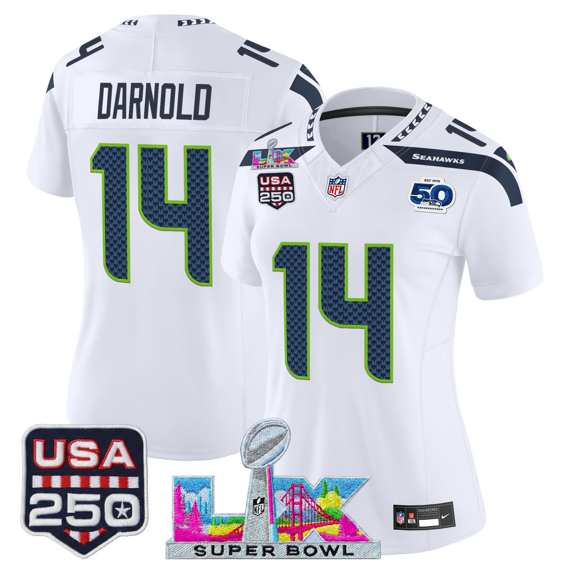 Women's Seattle Seahawks "Super Bowl LX & United States 250th Anniversary Patch" Vapor Limited Jersey - All Stitched
