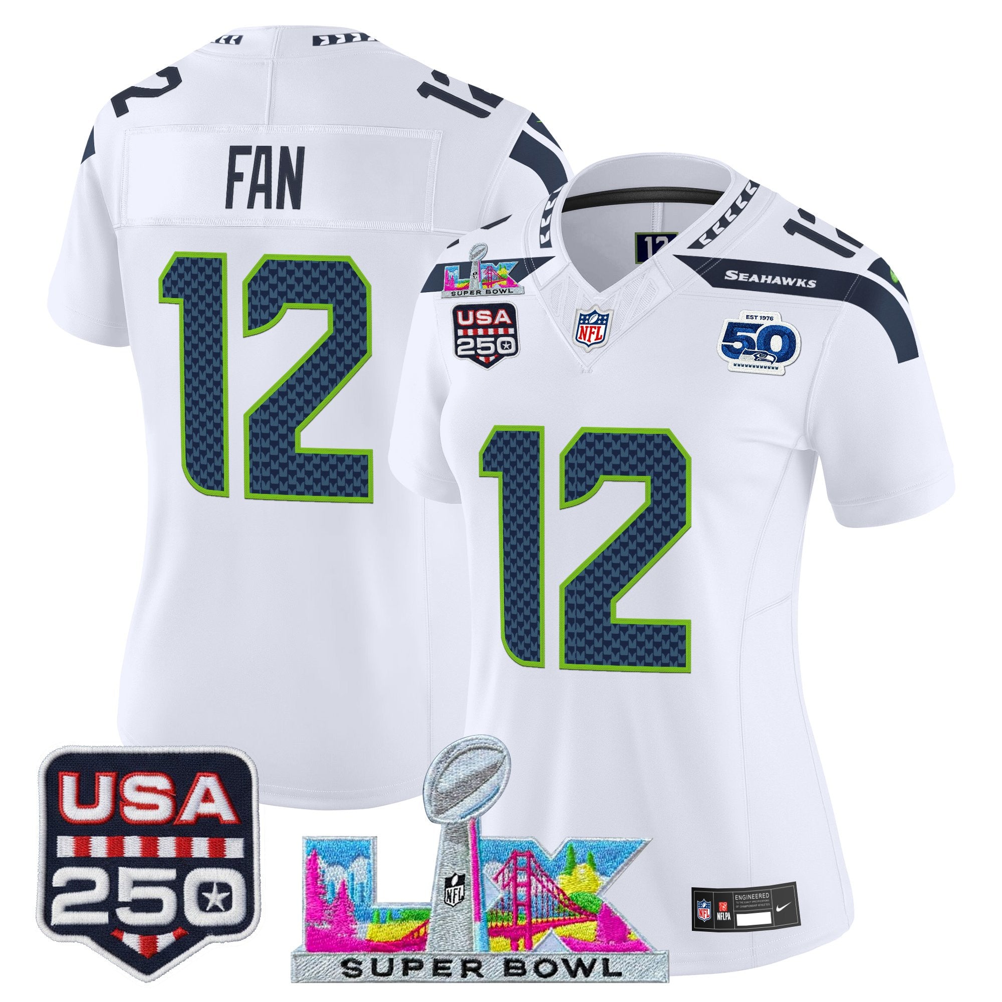 Women's Seattle Seahawks "Super Bowl LX & United States 250th Anniversary Patch" Vapor Limited Jersey - All Stitched