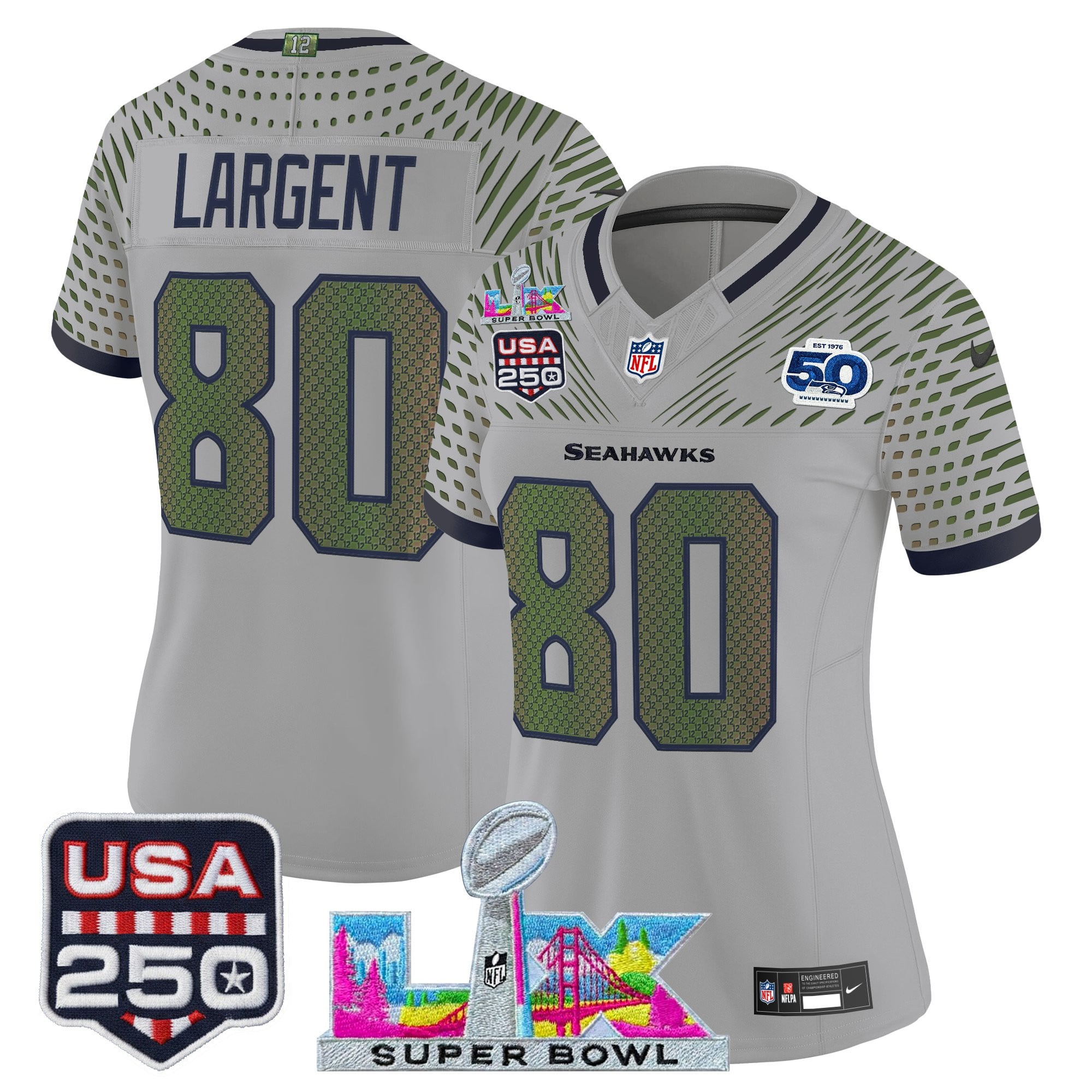 Women's Seattle Seahawks "Super Bowl LX & United States 250th Anniversary Patch" Vapor Limited Jersey - All Stitched