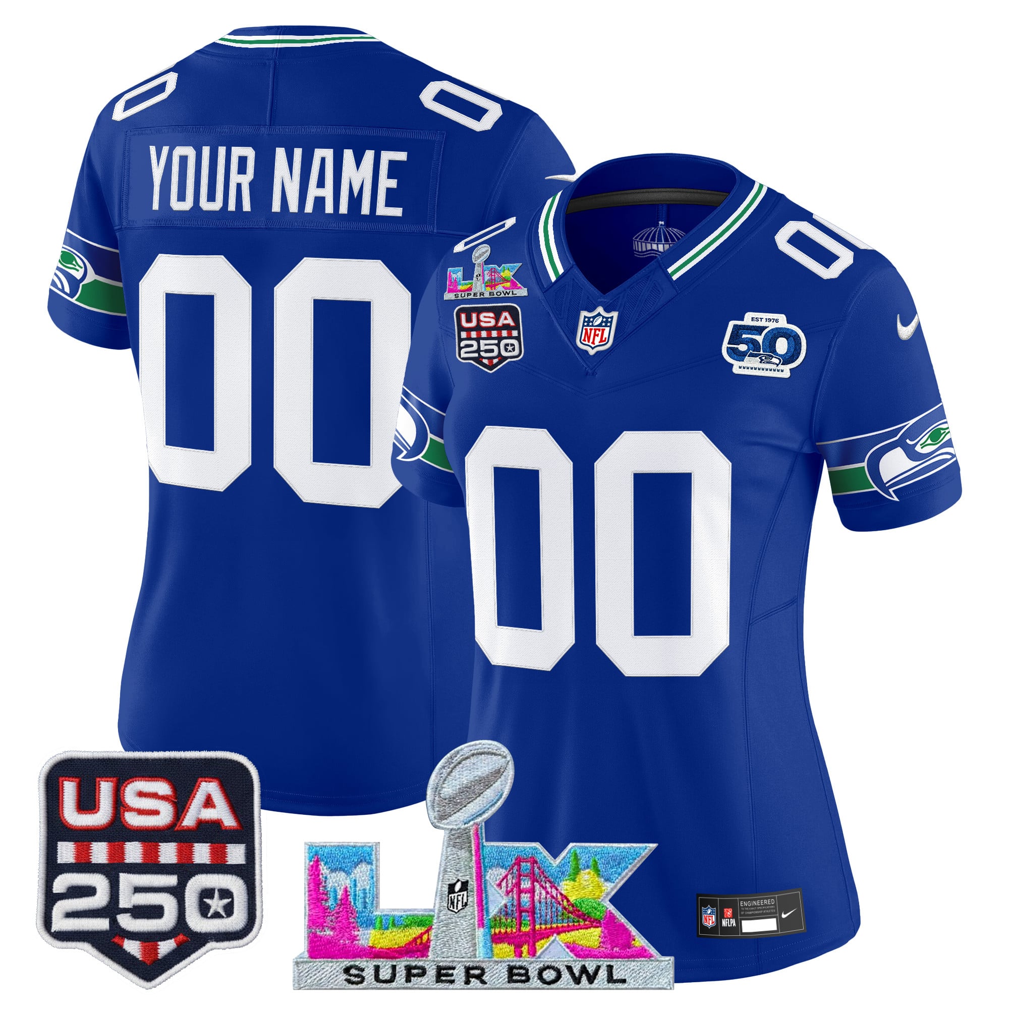 Seattle Seahawks "Super Bowl LX & United States 250th Anniversary Patch" Vapor Limited Custom Jersey - All Stitched