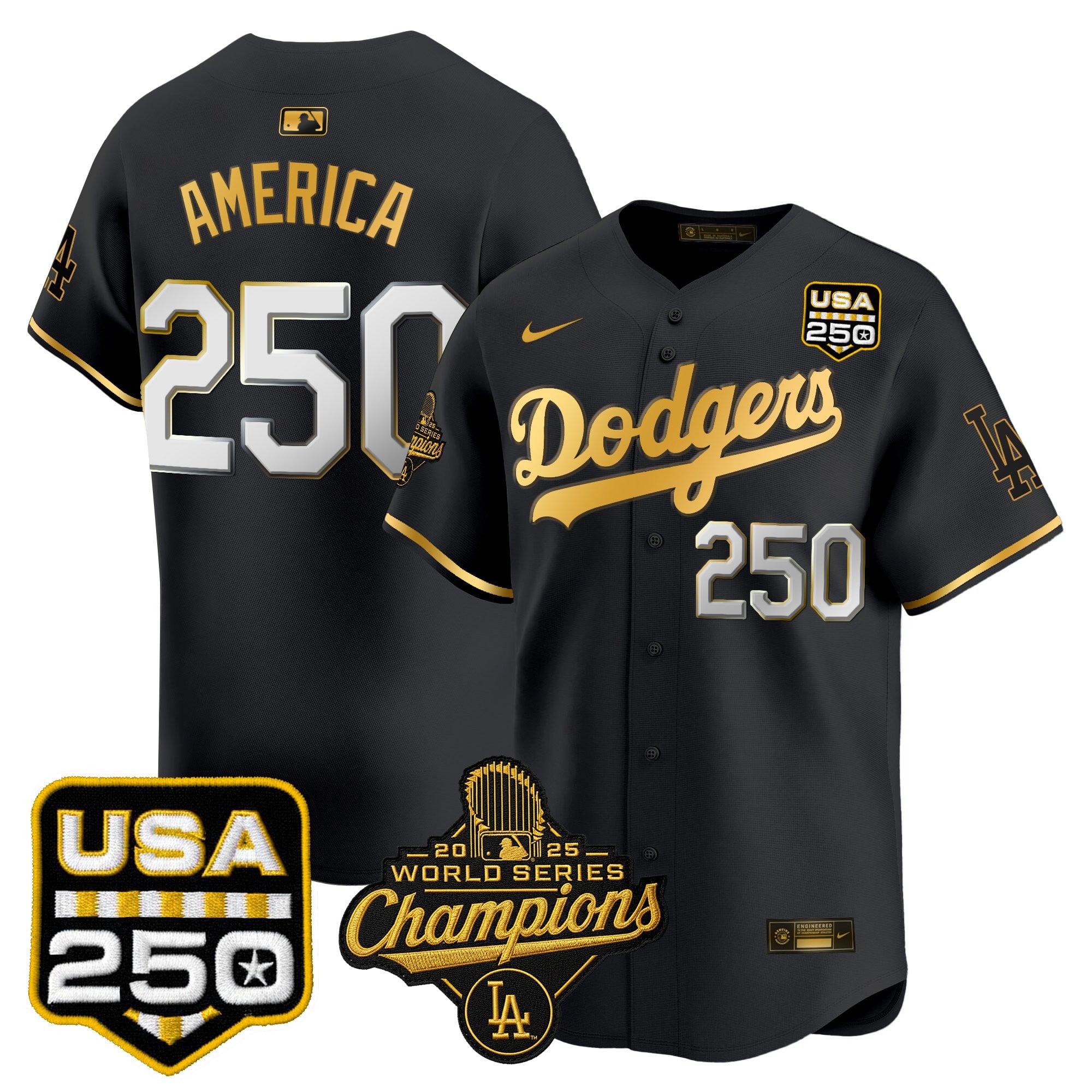 Men's Dodgers 2025 World Series Champions & 250America Patch Vapor Premier Limited Jersey - All Stitched
