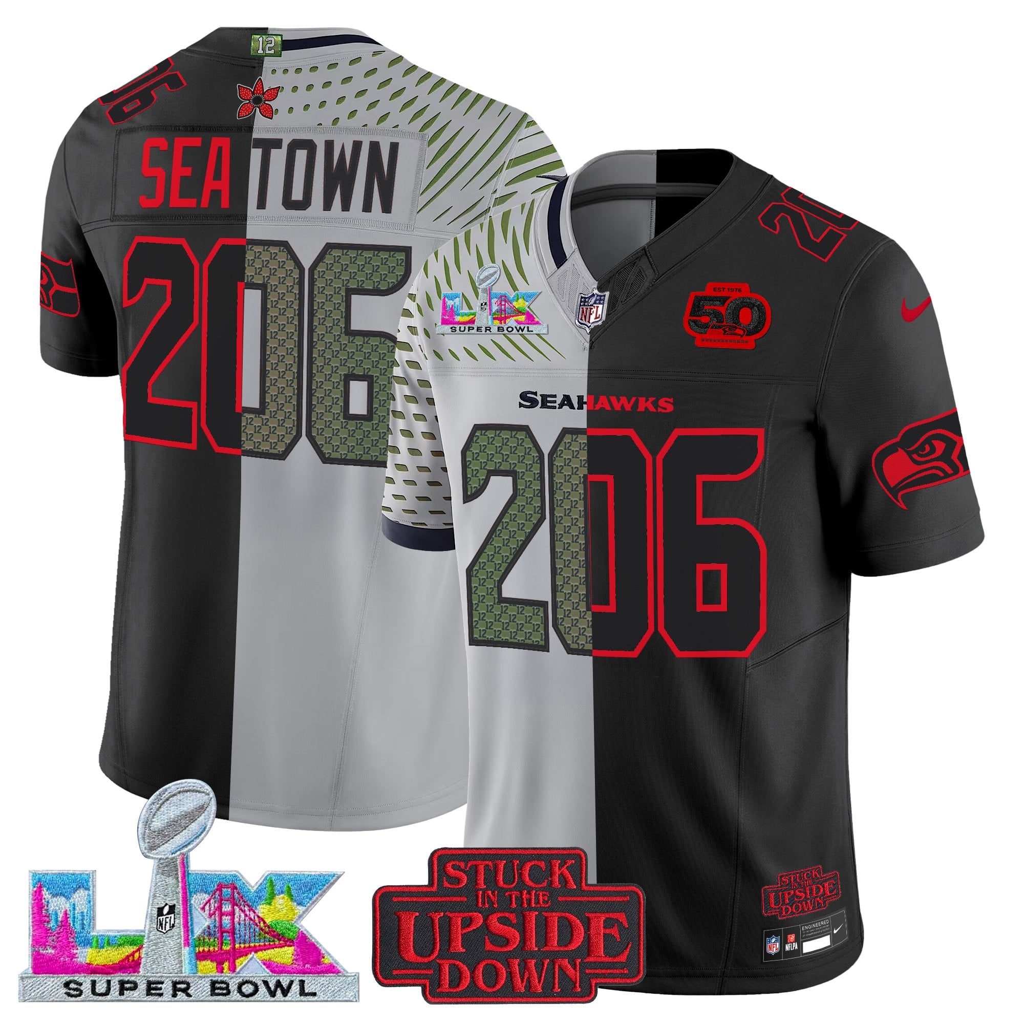 Men's Seattle Seahawks 'Upside Down Edition' Vapor Limited Jersey - Super Bowl LX Patch - All Stitched