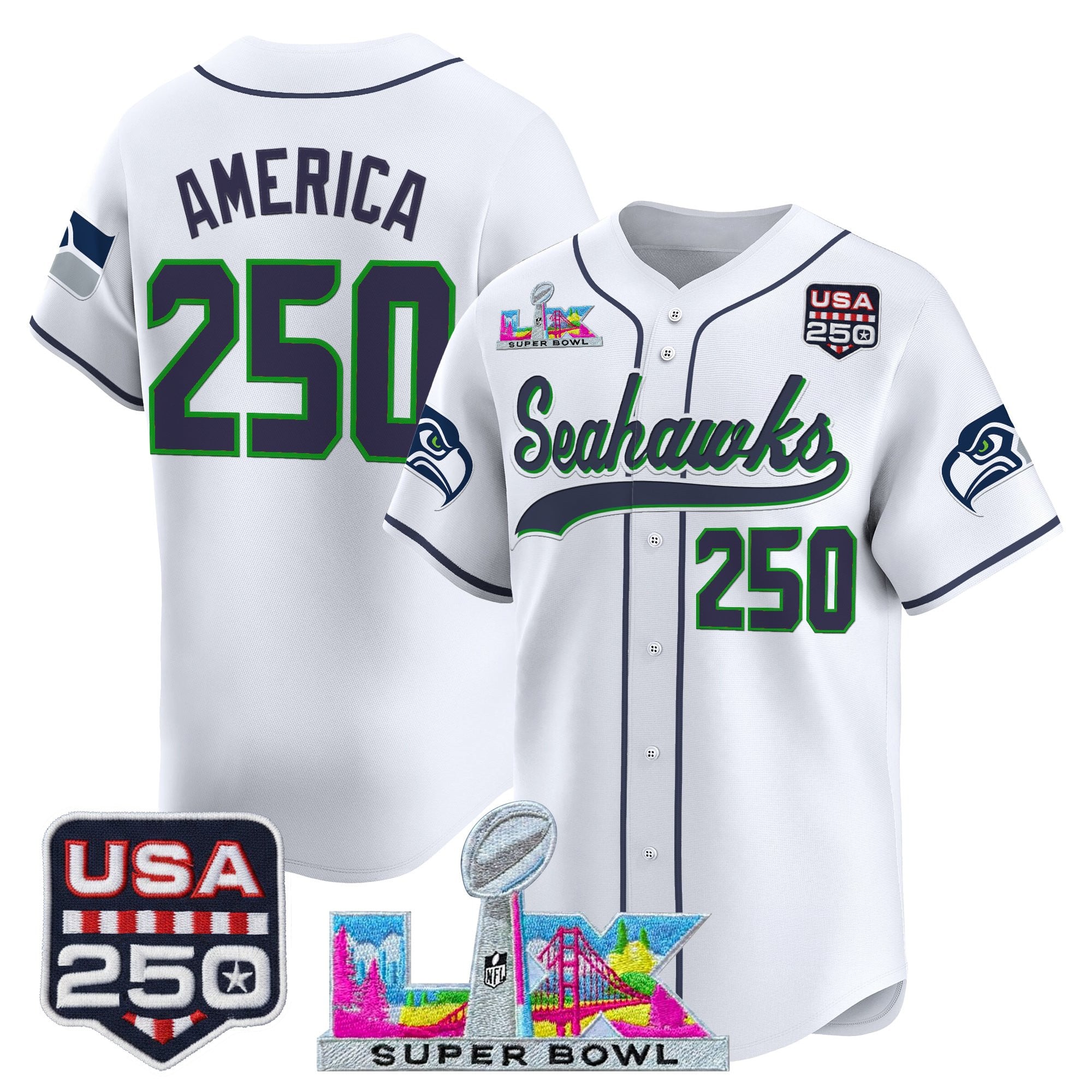 Men's Seattle Seahawks "Super Bowl LX & 250America Patch" Vapor Baseball Jersey - All Stitched