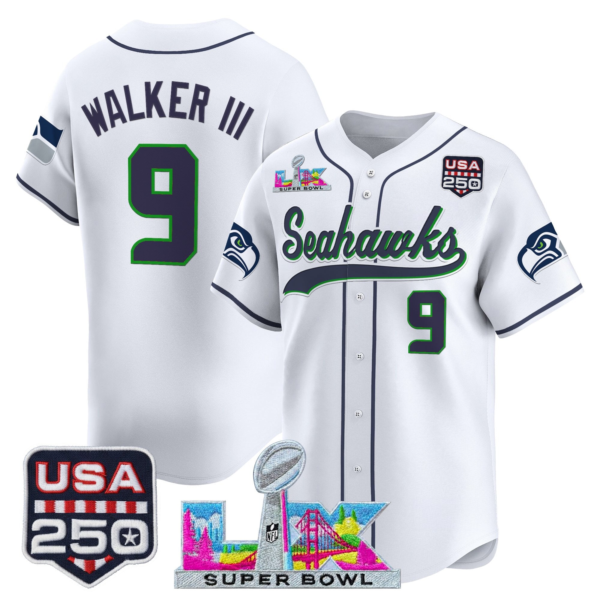 Men's Seattle Seahawks "Super Bowl LX & 250America Patch" Vapor Baseball Jersey - All Stitched