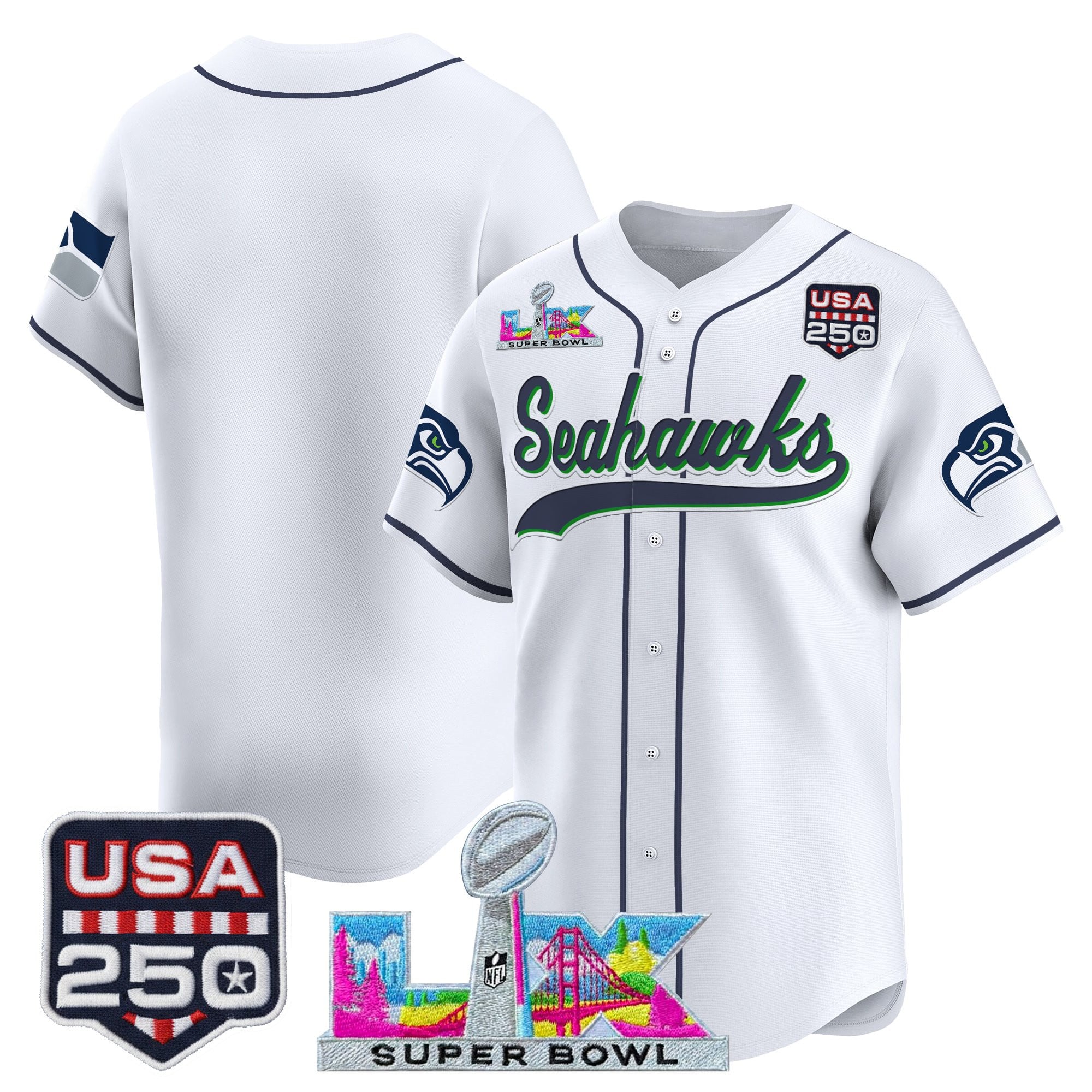 Men's Seattle Seahawks "Super Bowl LX & 250America Patch" Vapor Baseball Jersey - All Stitched