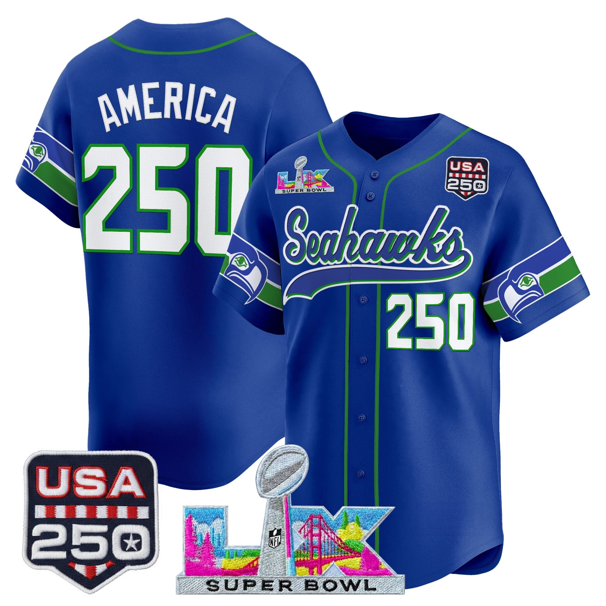 Men's Seattle Seahawks "Super Bowl LX & 250America Patch" Vapor Baseball Jersey - All Stitched