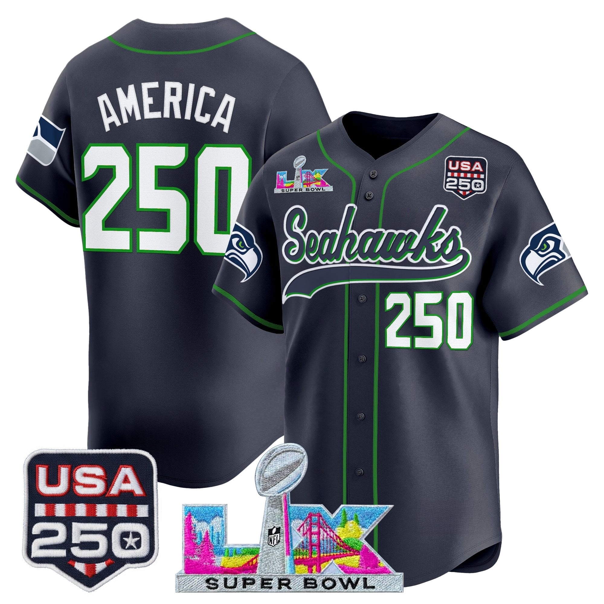 Men's Seattle Seahawks "Super Bowl LX & 250America Patch" Vapor Baseball Jersey - All Stitched