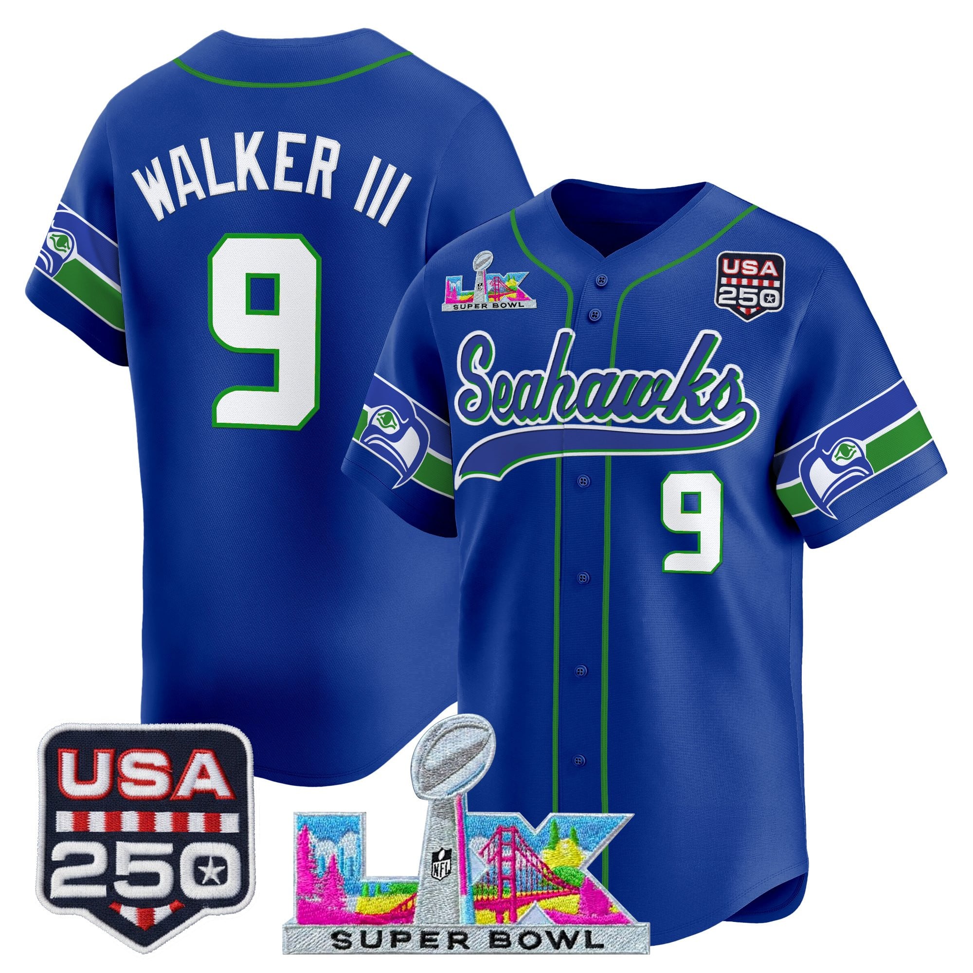 Men's Seattle Seahawks "Super Bowl LX & 250America Patch" Vapor Baseball Jersey - All Stitched