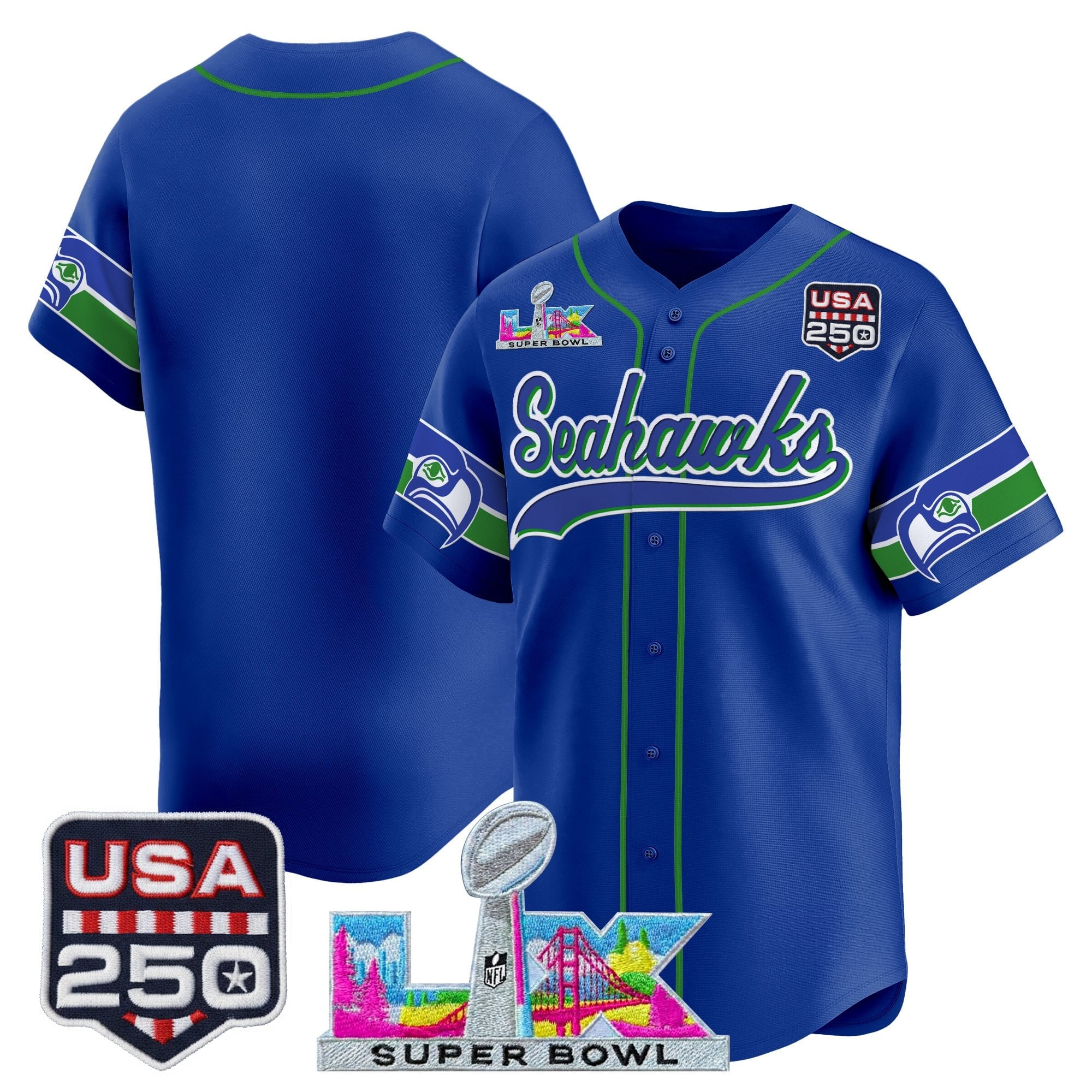 Men's Seattle Seahawks "Super Bowl LX & 250America Patch" Vapor Baseball Jersey - All Stitched