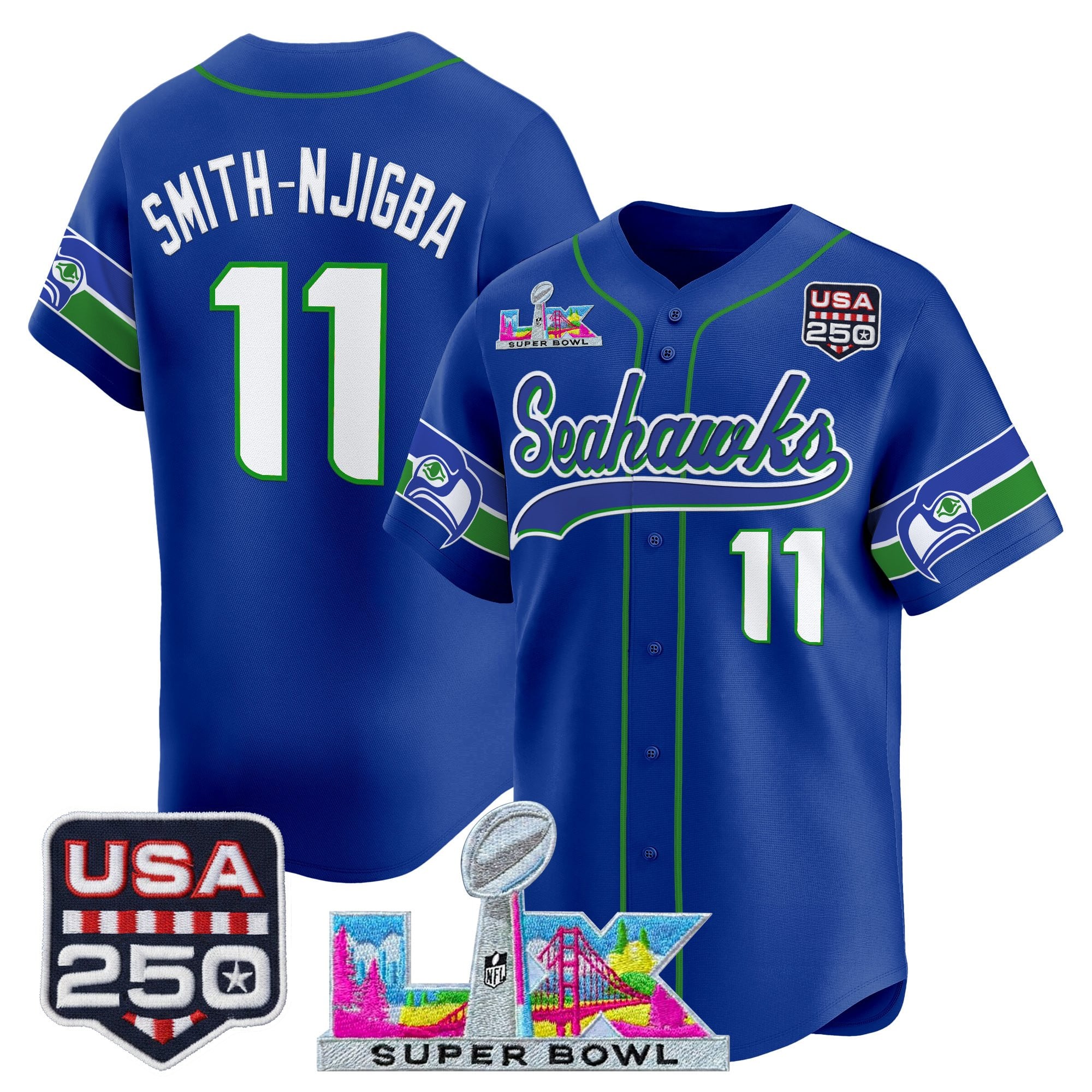 Men's Seattle Seahawks "Super Bowl LX & 250America Patch" Vapor Baseball Jersey - All Stitched