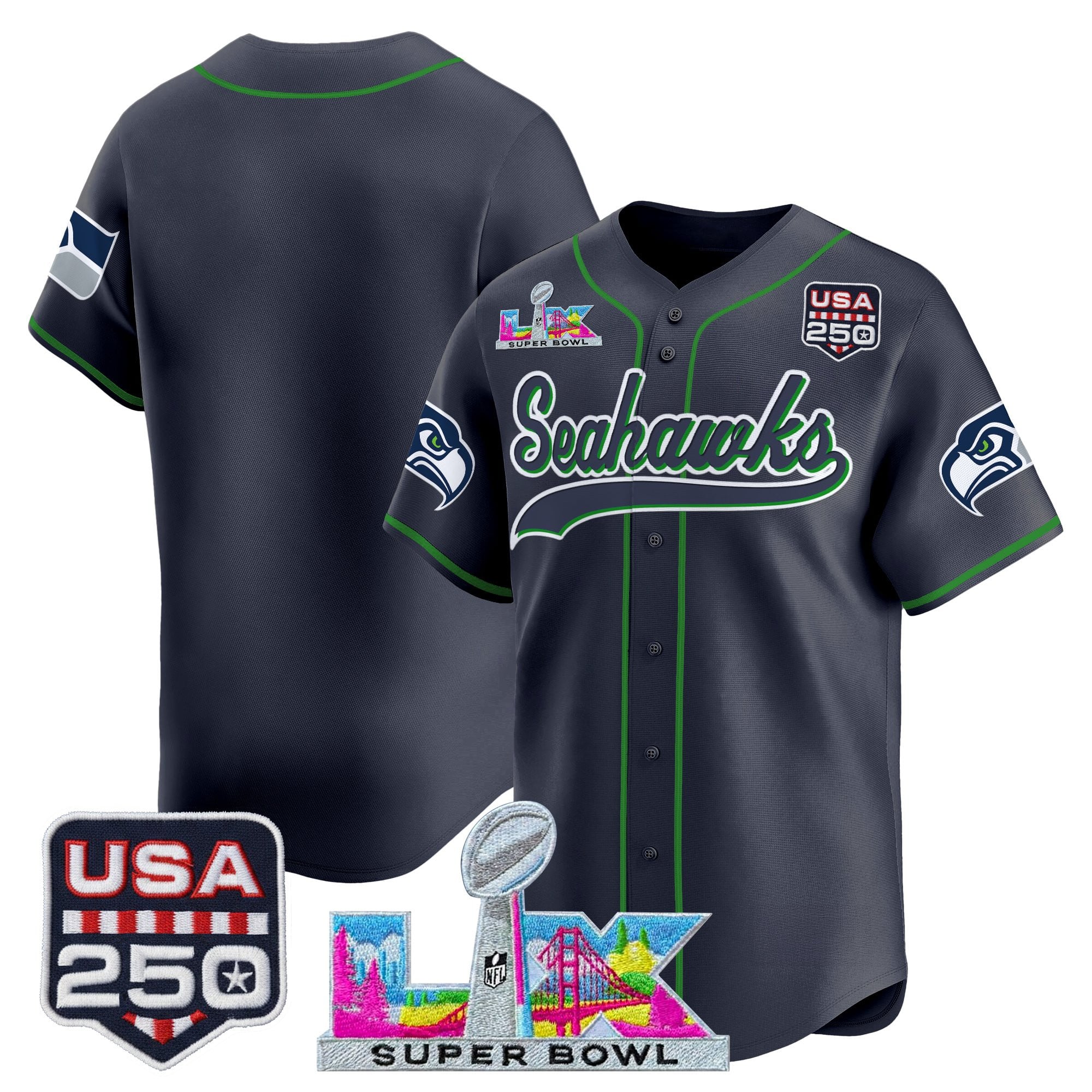 Men's Seattle Seahawks "Super Bowl LX & 250America Patch" Vapor Baseball Jersey - All Stitched