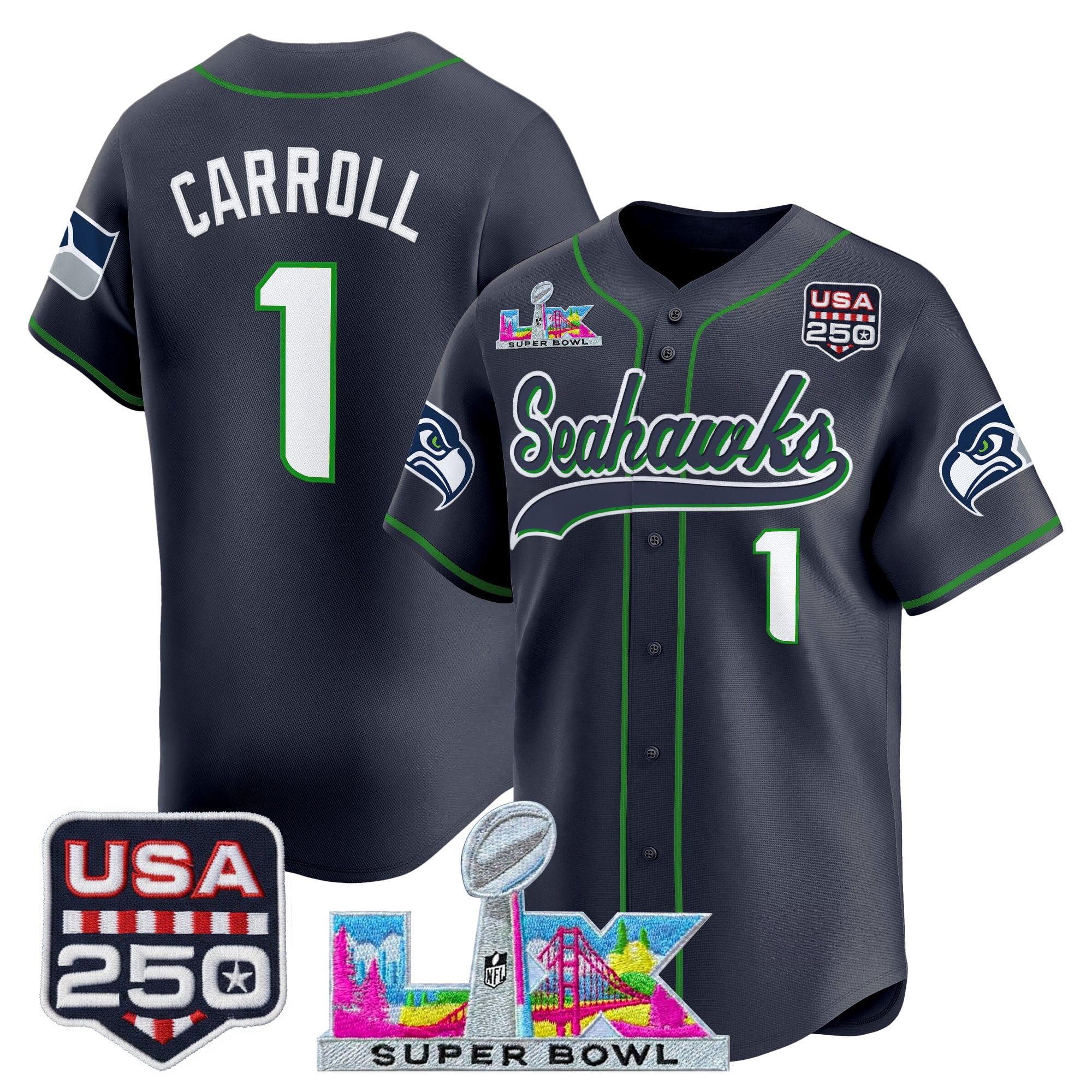 Men's Seattle Seahawks "Super Bowl LX & 250America Patch" Vapor Baseball Jersey - All Stitched