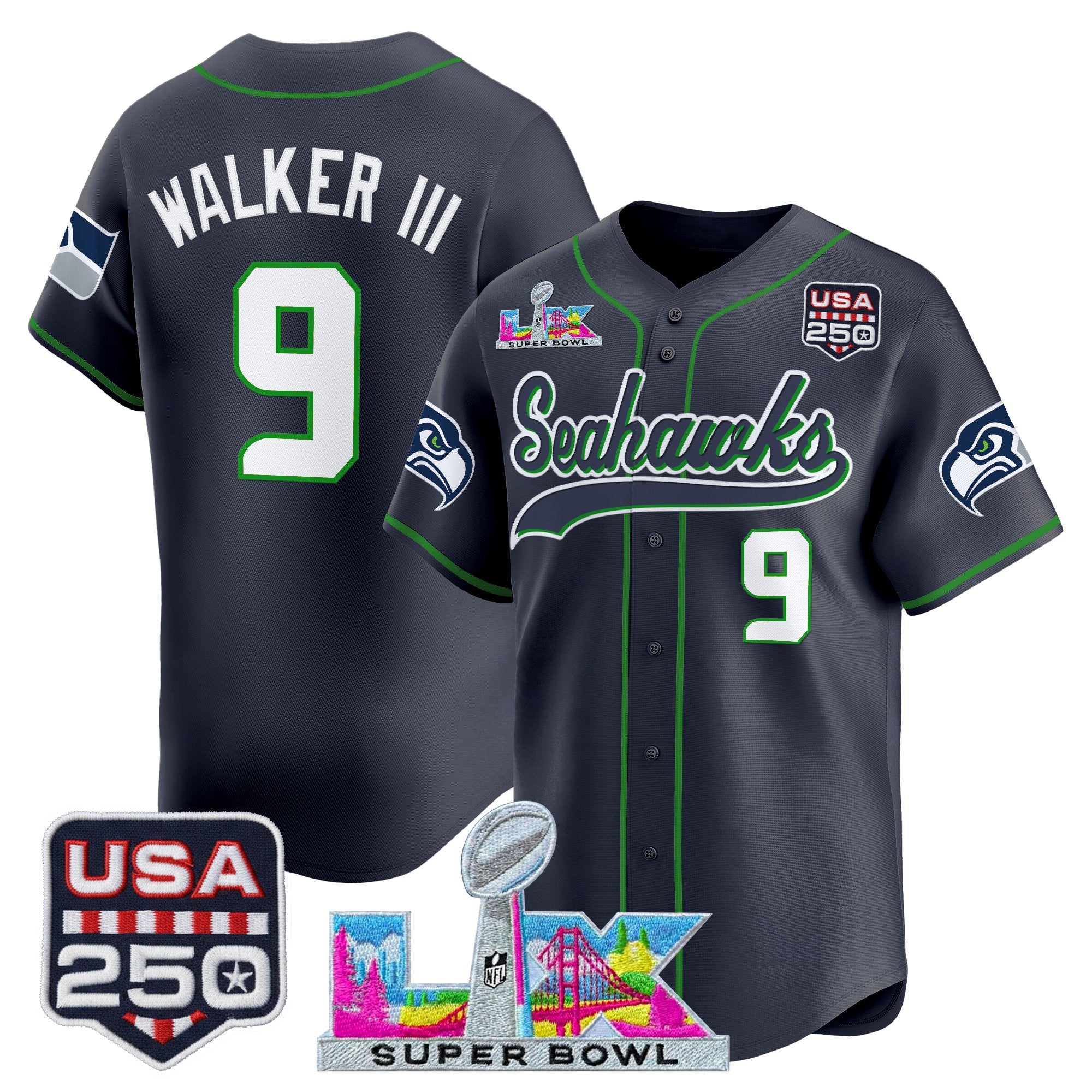 Men's Seattle Seahawks "Super Bowl LX & 250America Patch" Vapor Baseball Jersey - All Stitched