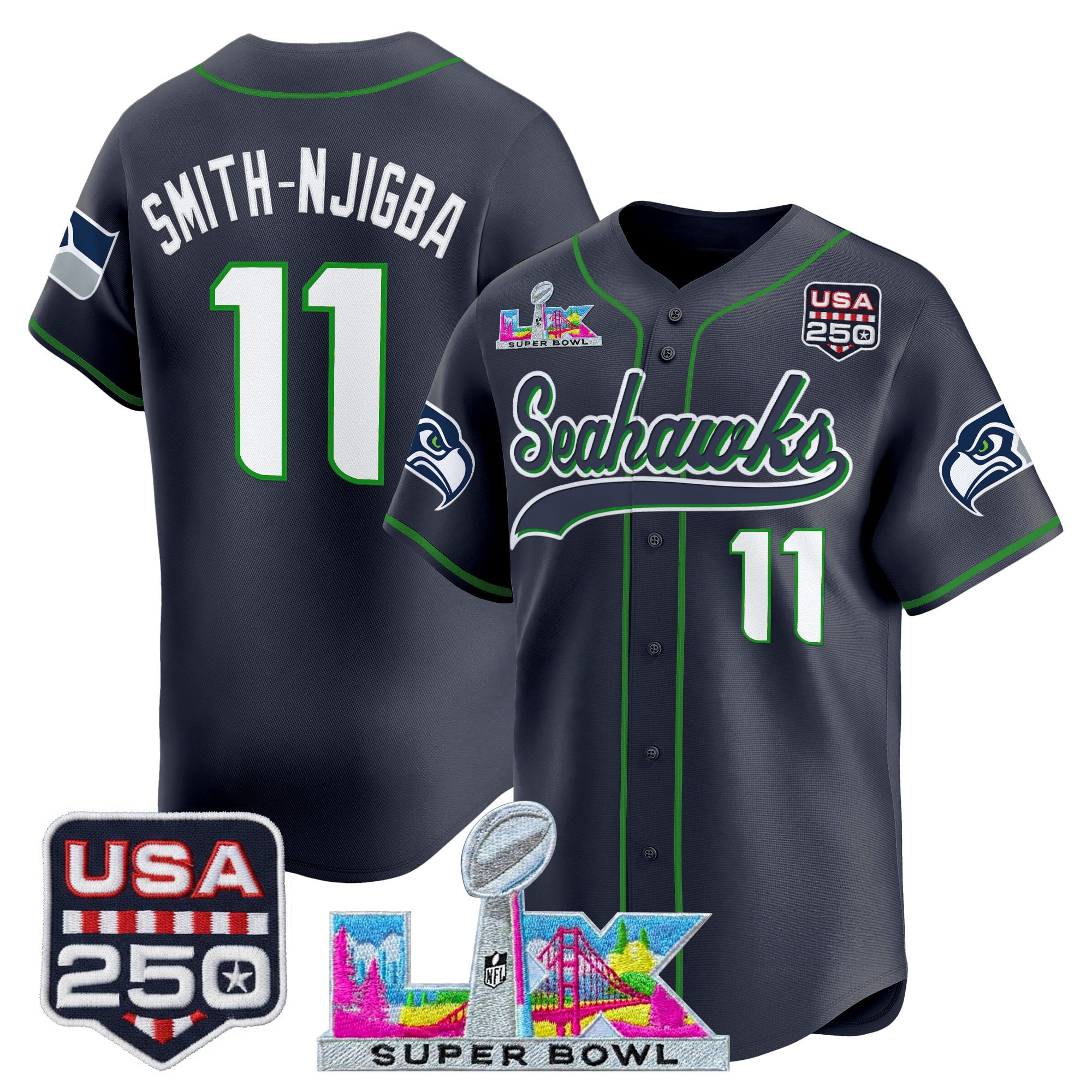 Men's Seattle Seahawks "Super Bowl LX & 250America Patch" Vapor Baseball Jersey - All Stitched