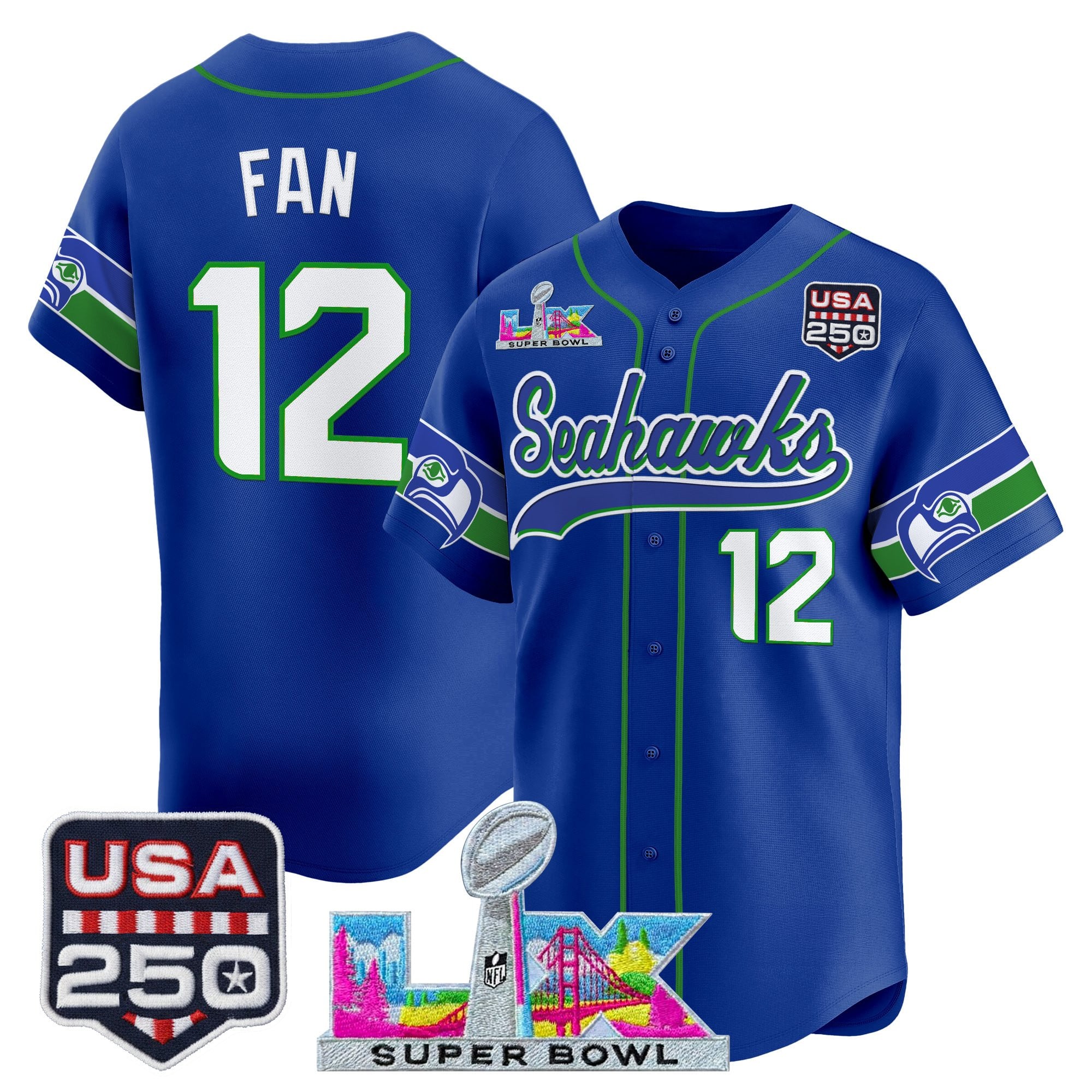 Men's Seattle Seahawks "Super Bowl LX & 250America Patch" Vapor Baseball Jersey - All Stitched