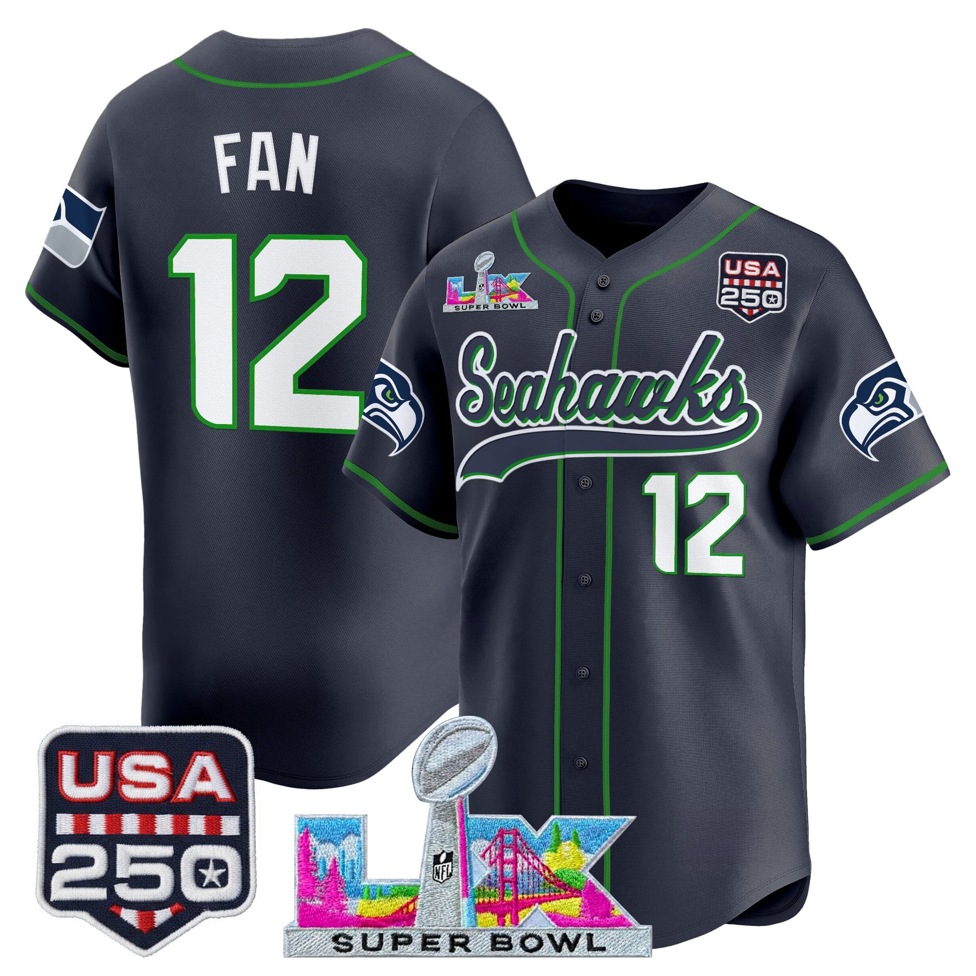 Men's Seattle Seahawks "Super Bowl LX & 250America Patch" Vapor Baseball Jersey - All Stitched