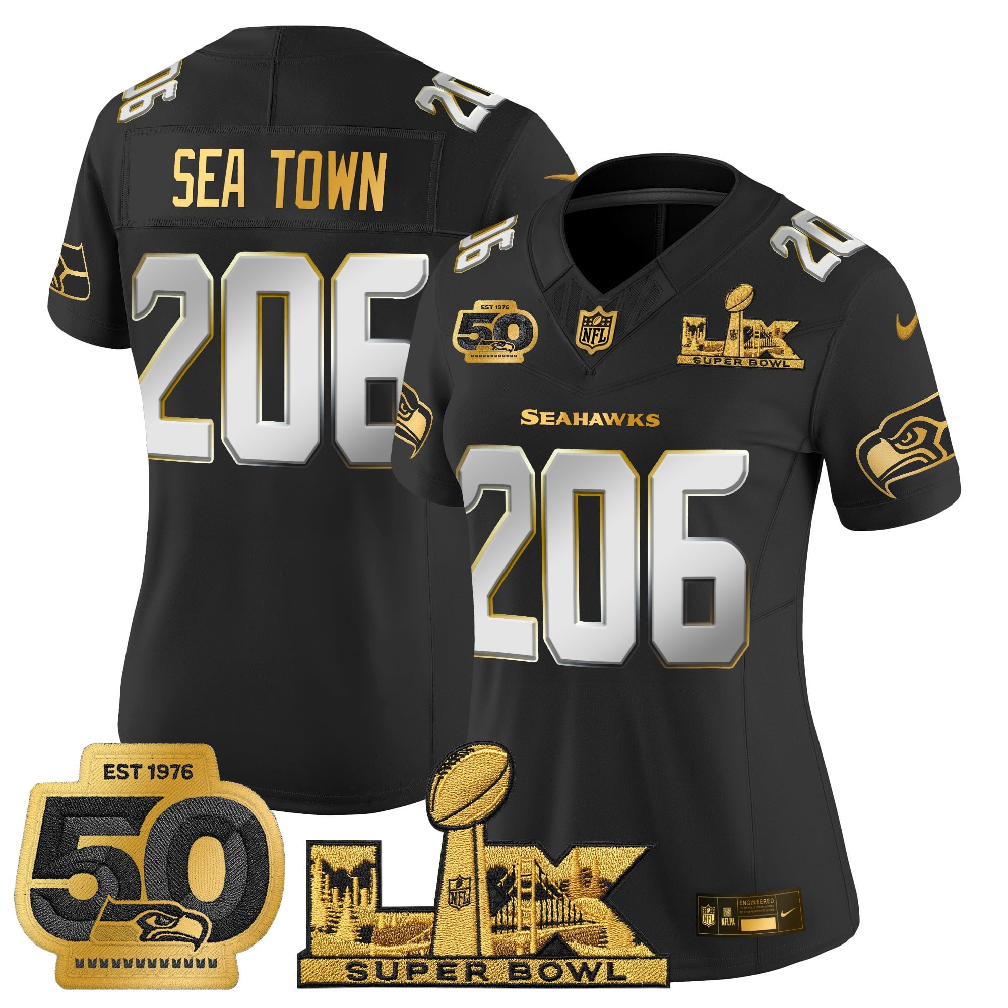 Women's Seattle Seahawks "Super Bowl LX & 50th Patch" Gold Vapor Limited Jersey - All Stitched