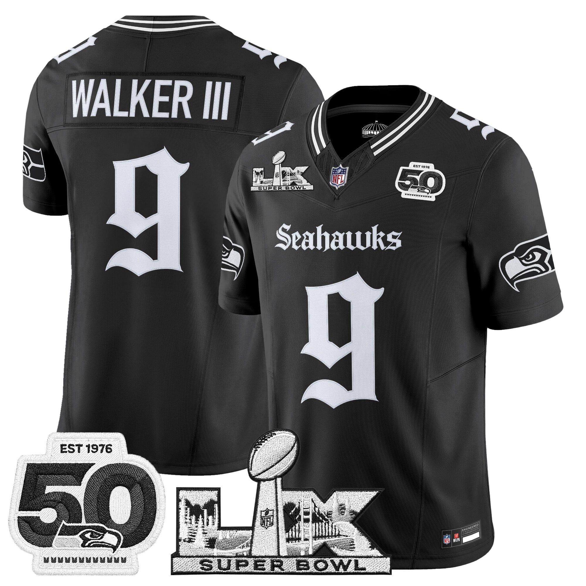 Men's Seattle Seahawks "Super Bowl LX & 50th Patch" Vapor Limited Jersey - Gothic Edition - All Stitched