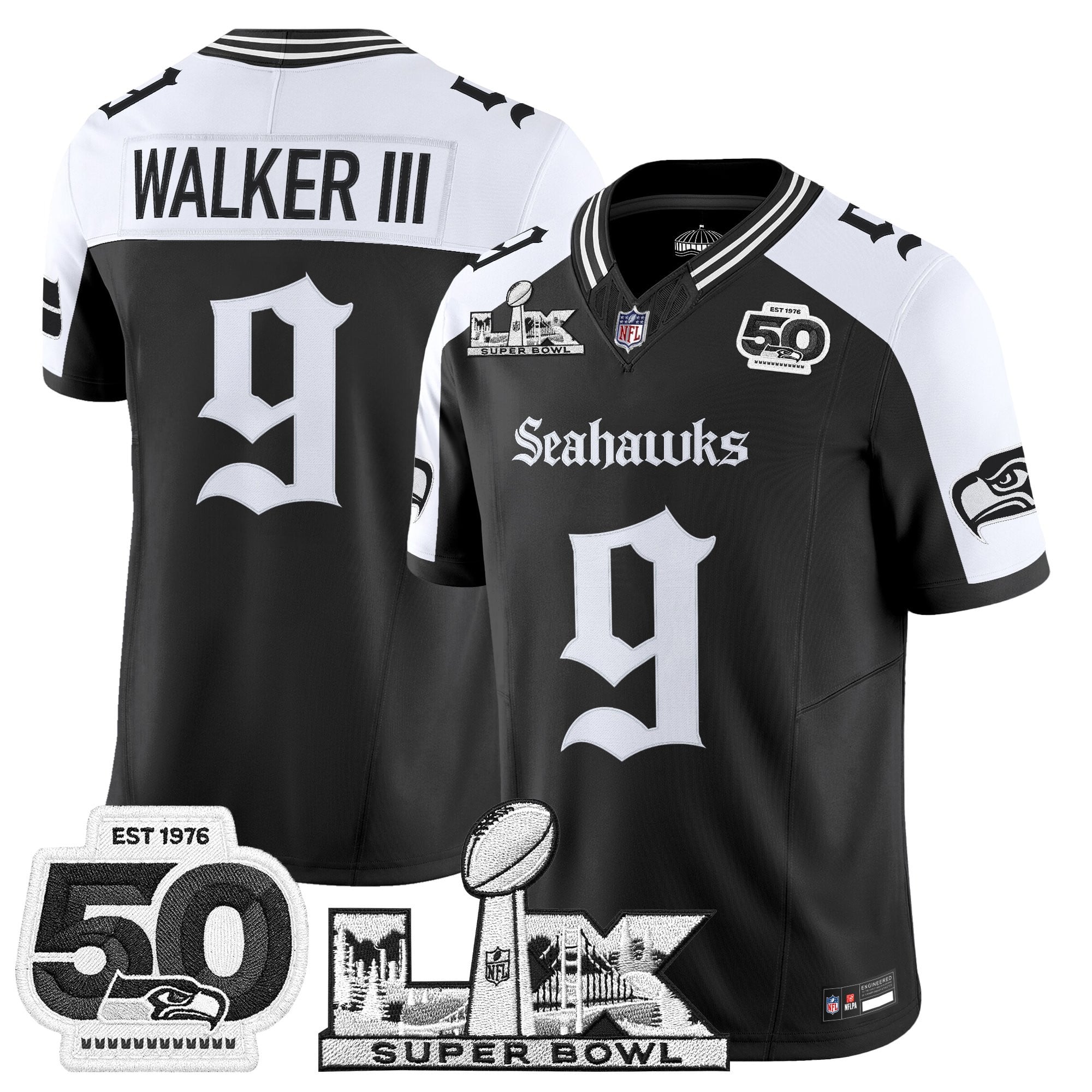 Men's Seattle Seahawks "Super Bowl LX & 50th Patch" Vapor Limited Jersey - Gothic Edition - All Stitched