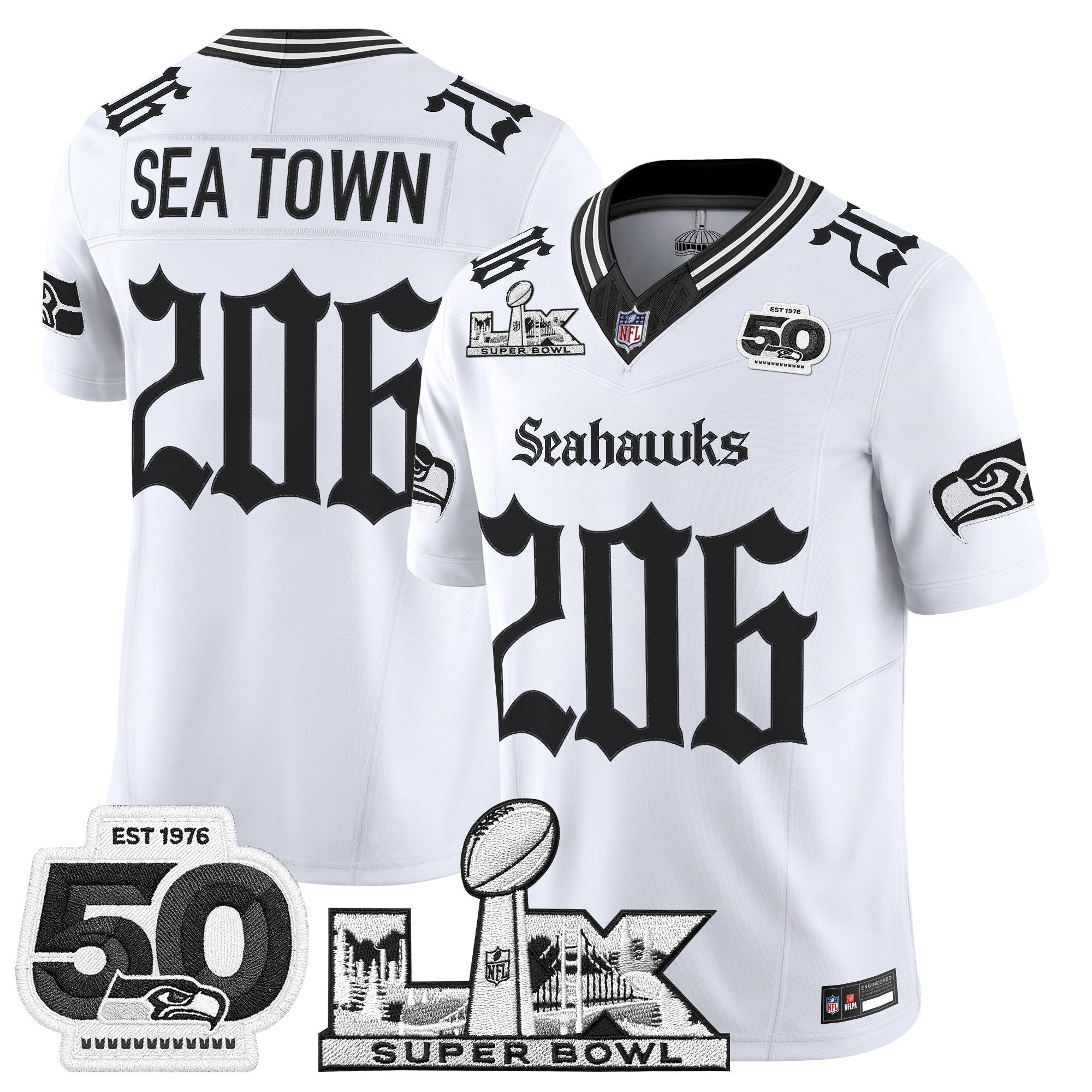 Men's Seattle Seahawks "Super Bowl LX & 50th Patch" Vapor Limited Jersey - Gothic Edition - All Stitched