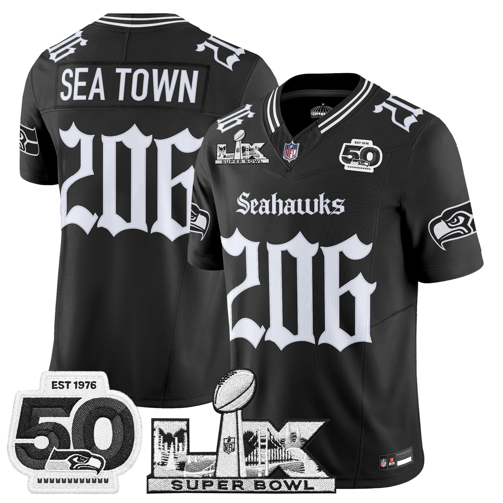 Men's Seattle Seahawks "Super Bowl LX & 50th Patch" Vapor Limited Jersey - Gothic Edition - All Stitched