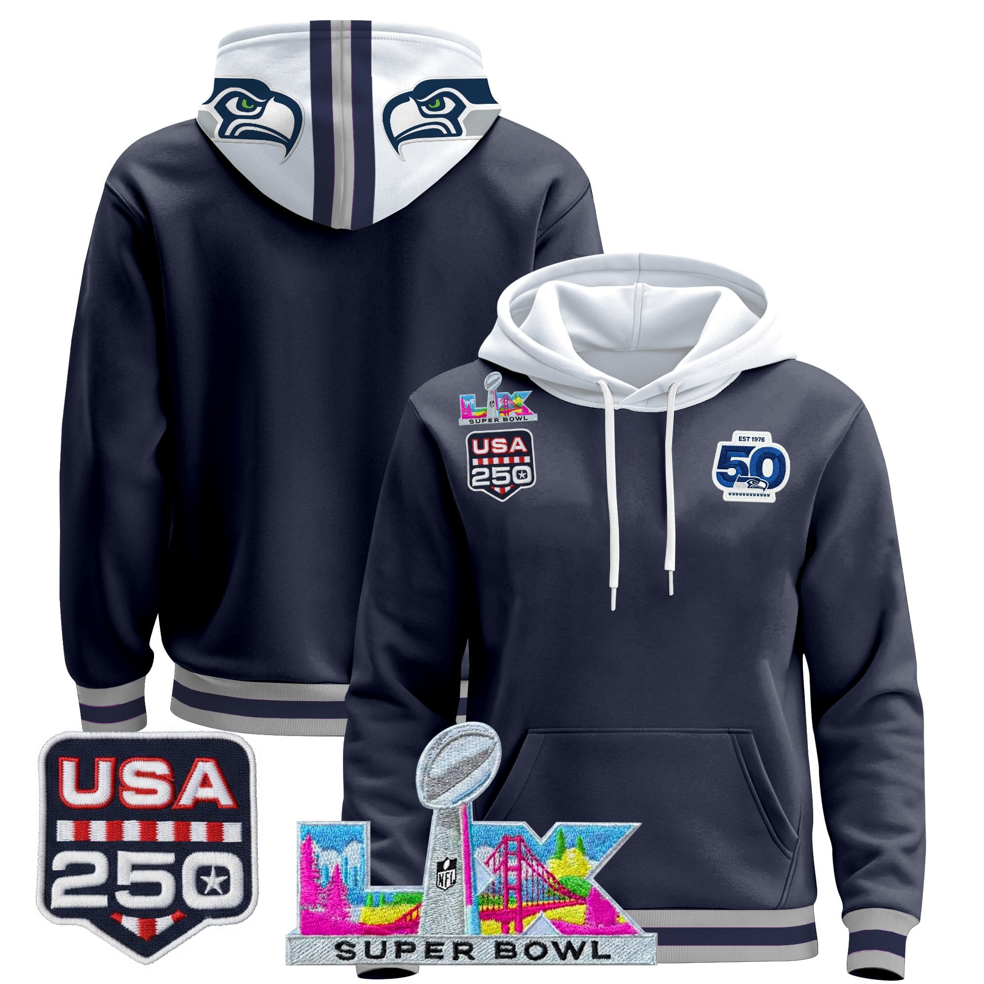 Men's Seattle Seahawks "Super Bowl LX & United States 250th Anniversary Patch" Premier Hoodie - All Stitched