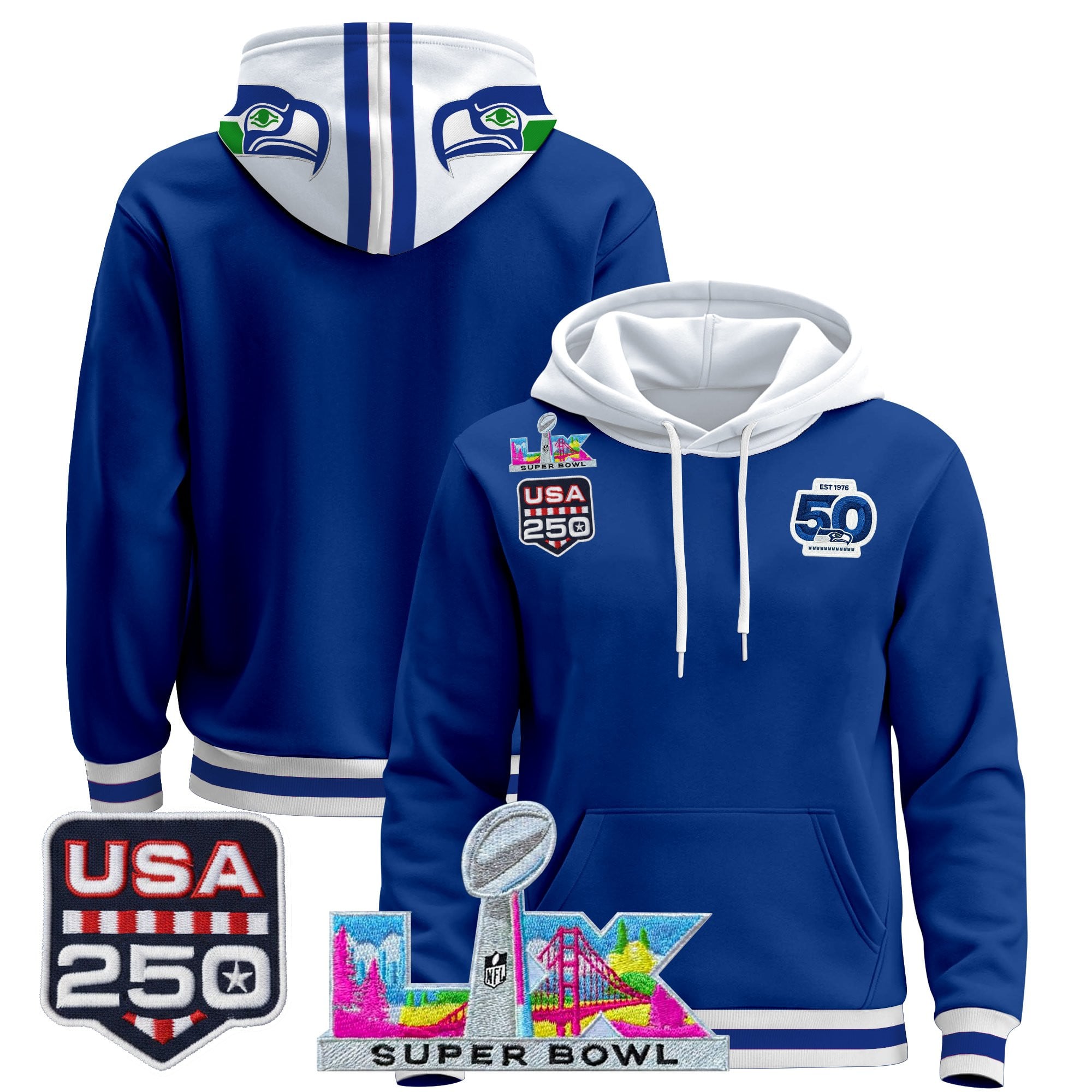 Men's Seattle Seahawks "Super Bowl LX & United States 250th Anniversary Patch" Premier Hoodie - All Stitched