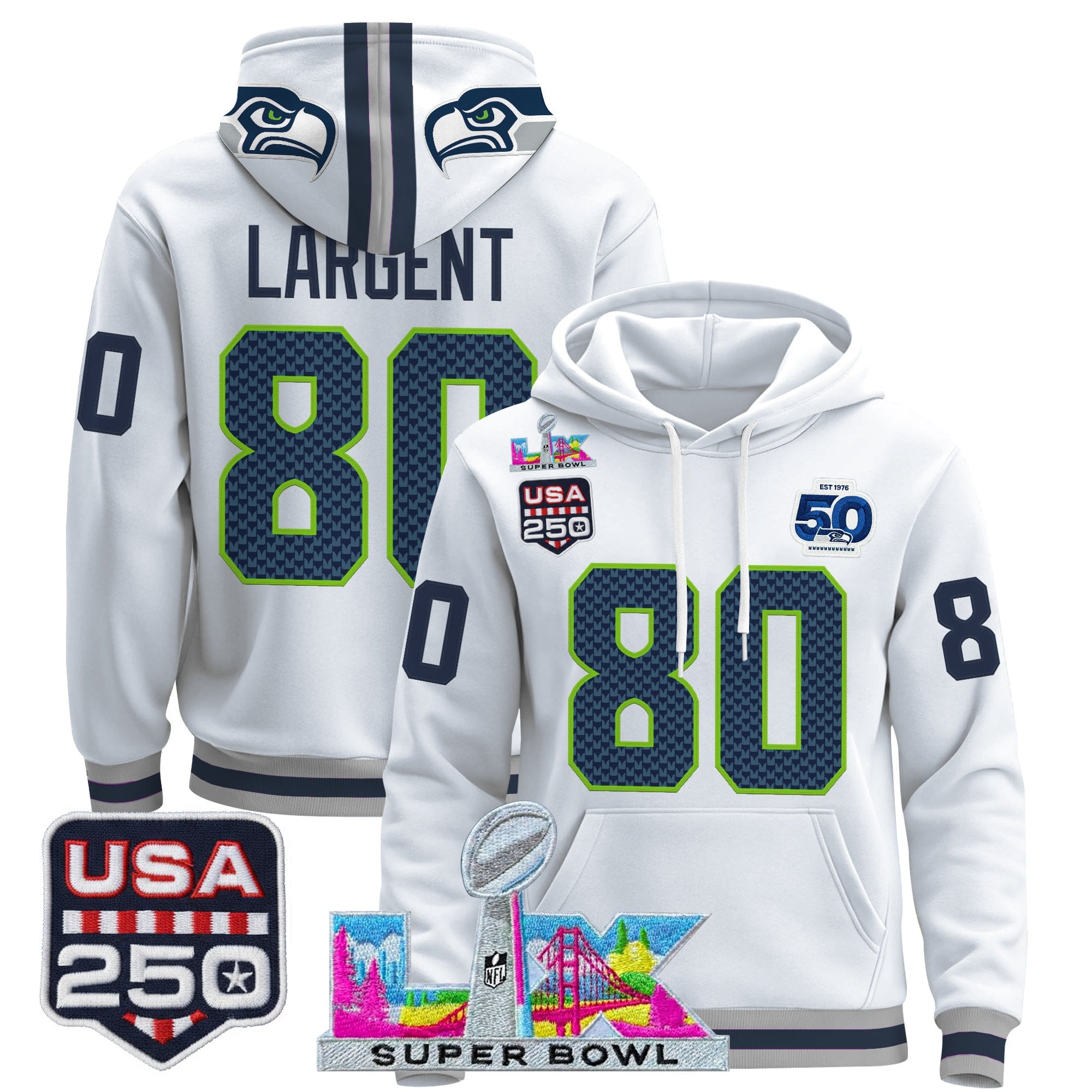 Men's Seattle Seahawks "Super Bowl LX & United States 250th Anniversary Patch" Premier Hoodie - All Stitched