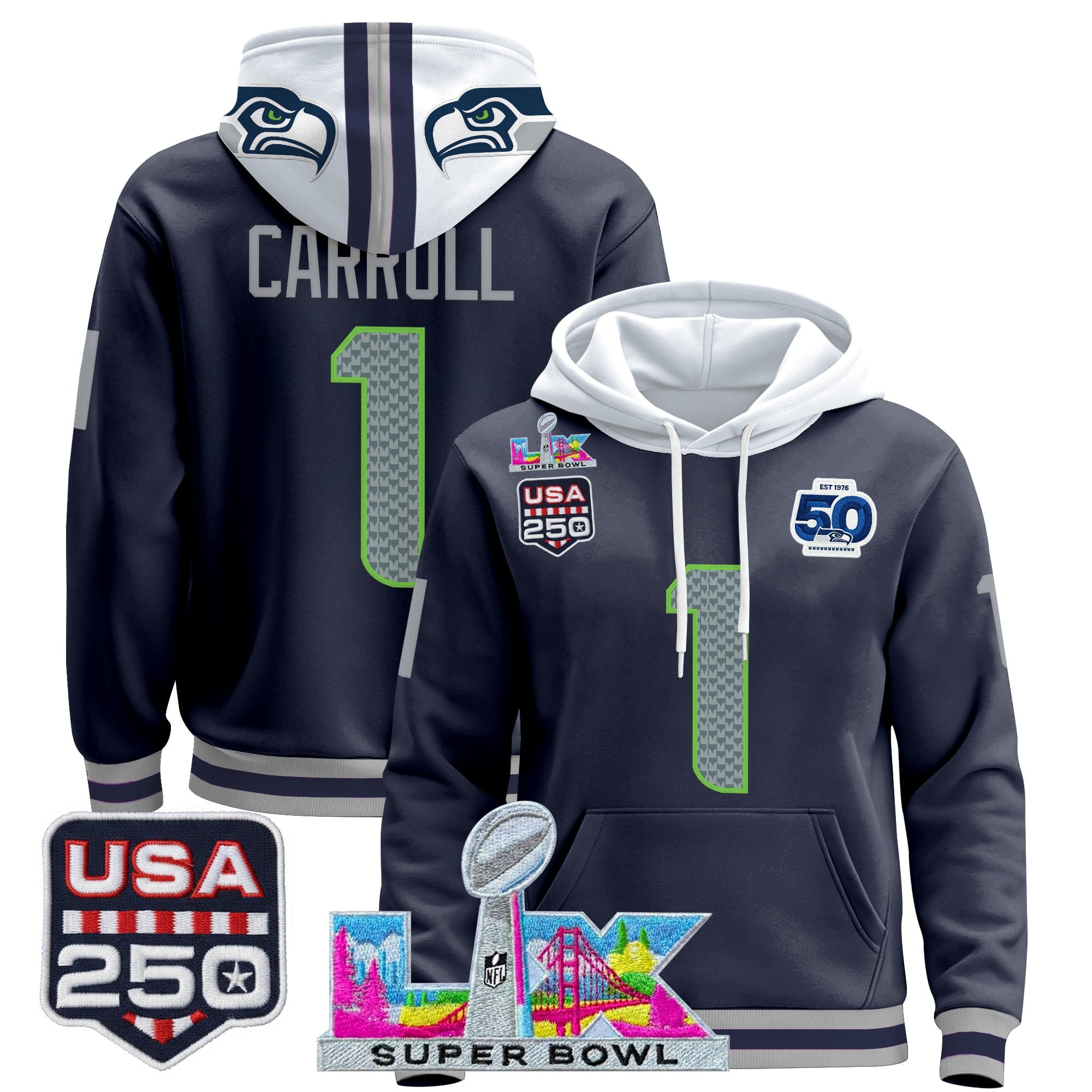 Men's Seattle Seahawks "Super Bowl LX & United States 250th Anniversary Patch" Premier Hoodie - All Stitched