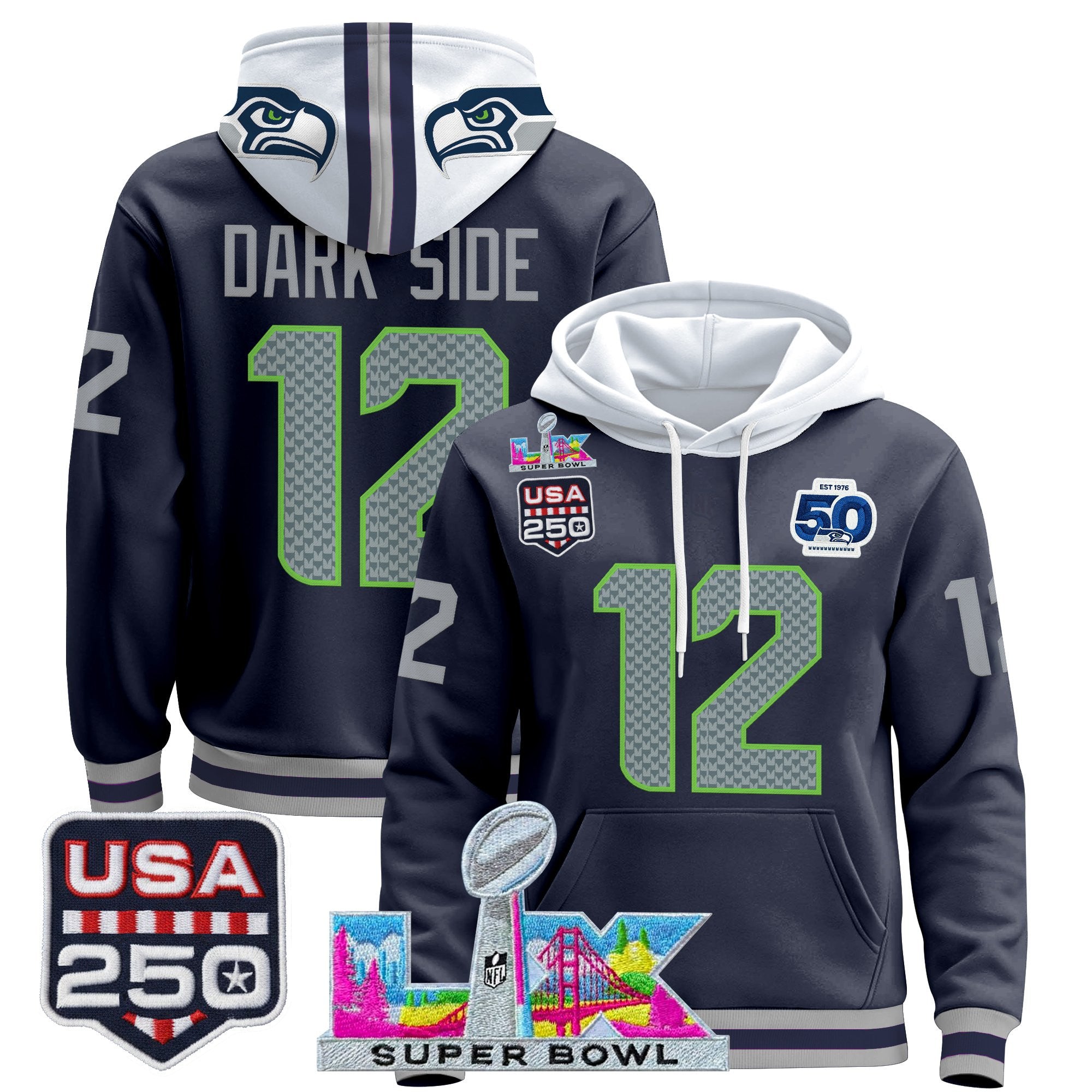 Men's Seattle Seahawks "Super Bowl LX & United States 250th Anniversary Patch" Premier Hoodie - All Stitched
