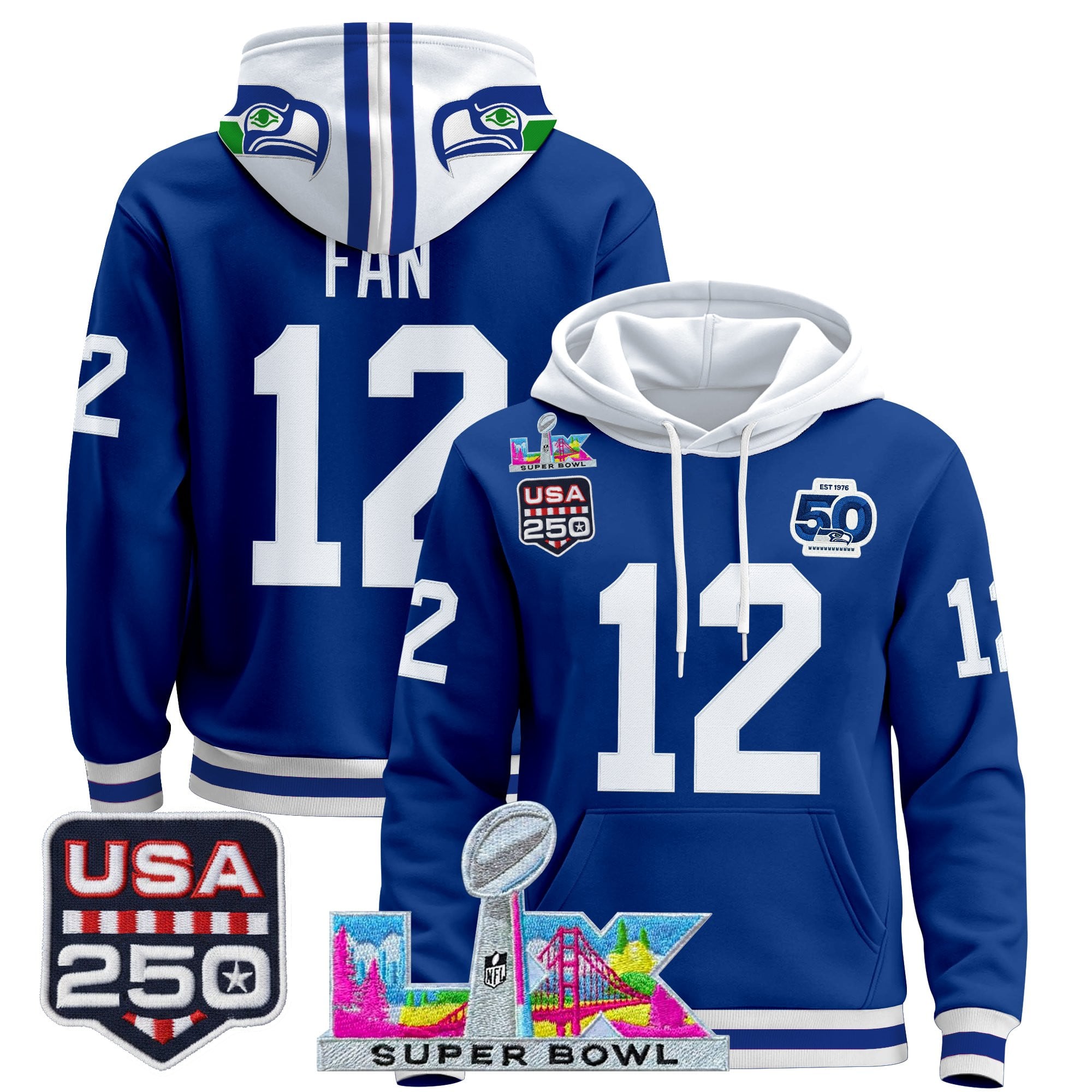 Men's Seattle Seahawks "Super Bowl LX & United States 250th Anniversary Patch" Premier Hoodie - All Stitched
