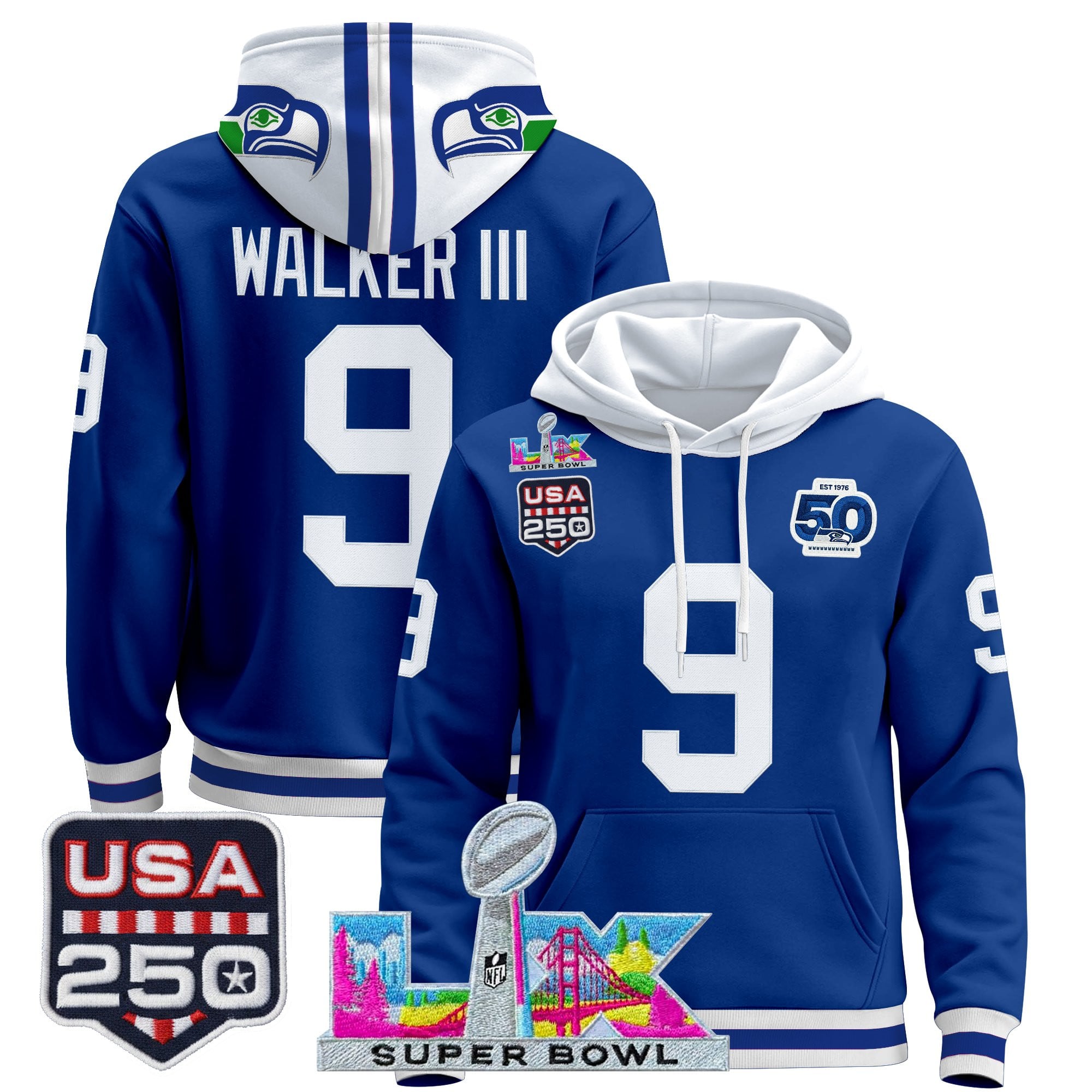 Men's Seattle Seahawks "Super Bowl LX & United States 250th Anniversary Patch" Premier Hoodie - All Stitched