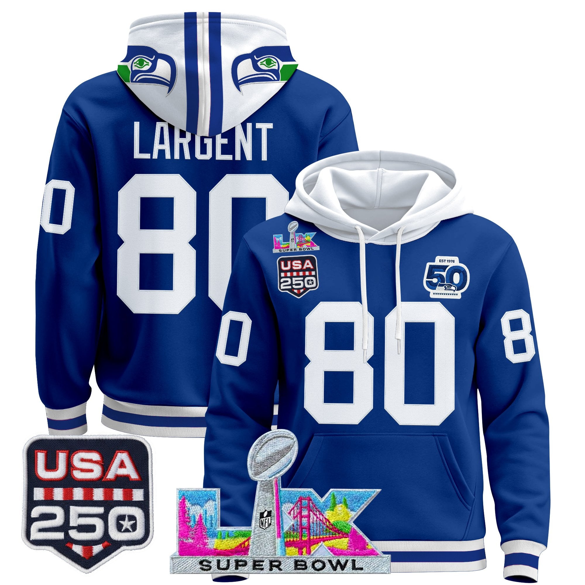 Men's Seattle Seahawks "Super Bowl LX & United States 250th Anniversary Patch" Premier Hoodie - All Stitched