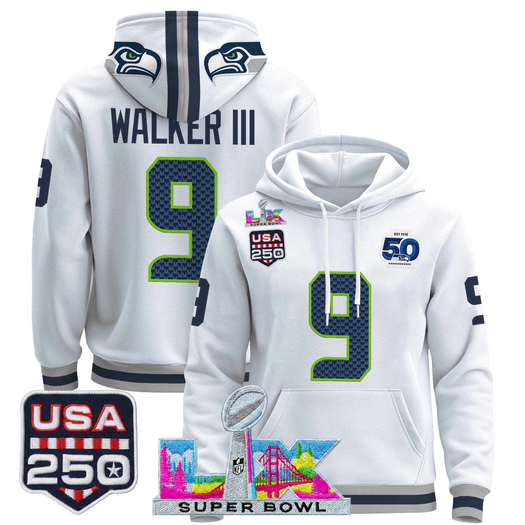 Men's Seattle Seahawks "Super Bowl LX & United States 250th Anniversary Patch" Premier Hoodie - All Stitched