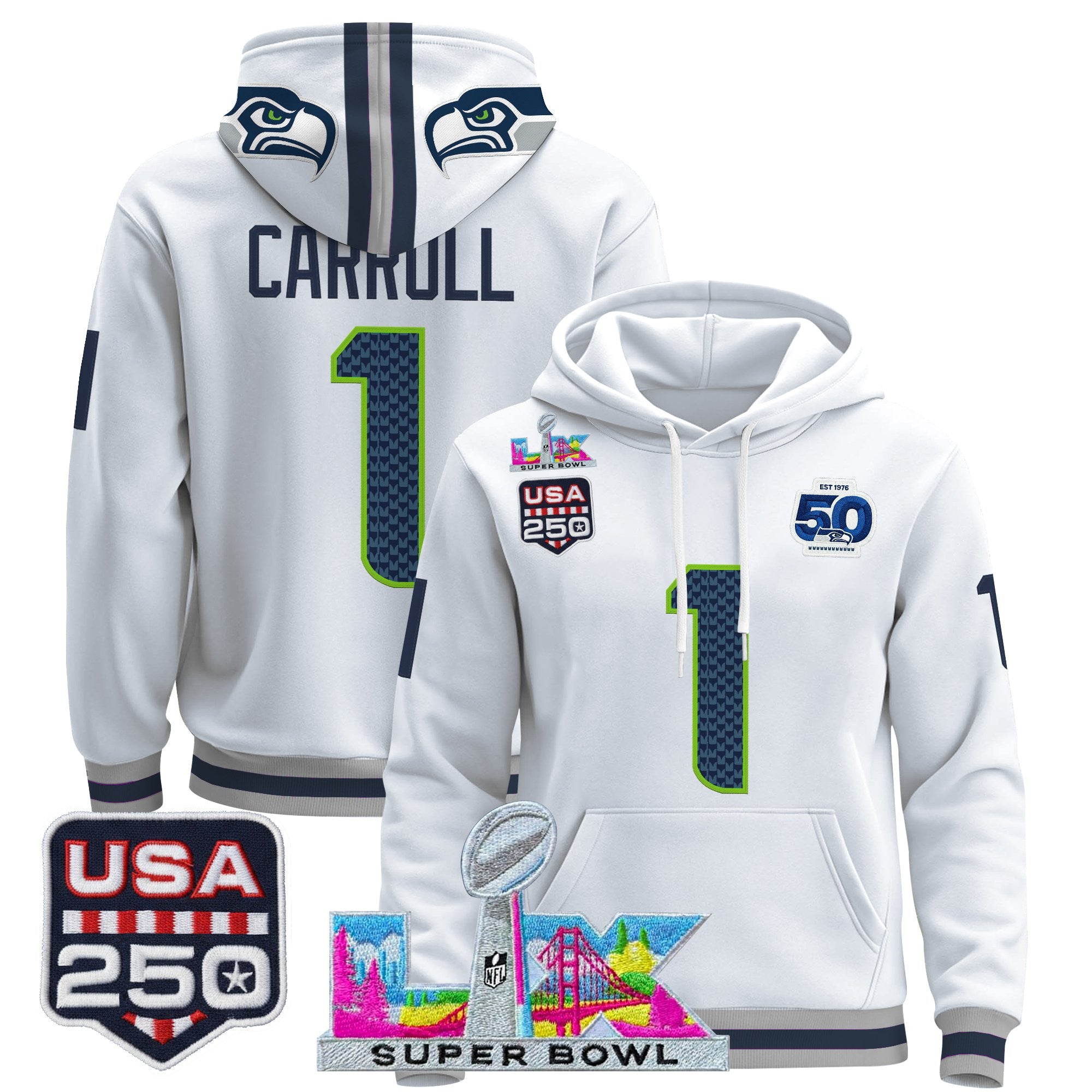 Men's Seattle Seahawks "Super Bowl LX & United States 250th Anniversary Patch" Premier Hoodie - All Stitched