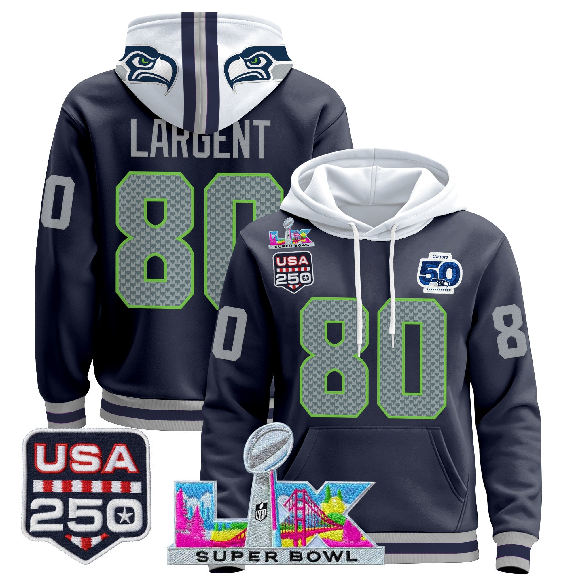 Men's Seattle Seahawks "Super Bowl LX & United States 250th Anniversary Patch" Premier Hoodie - All Stitched
