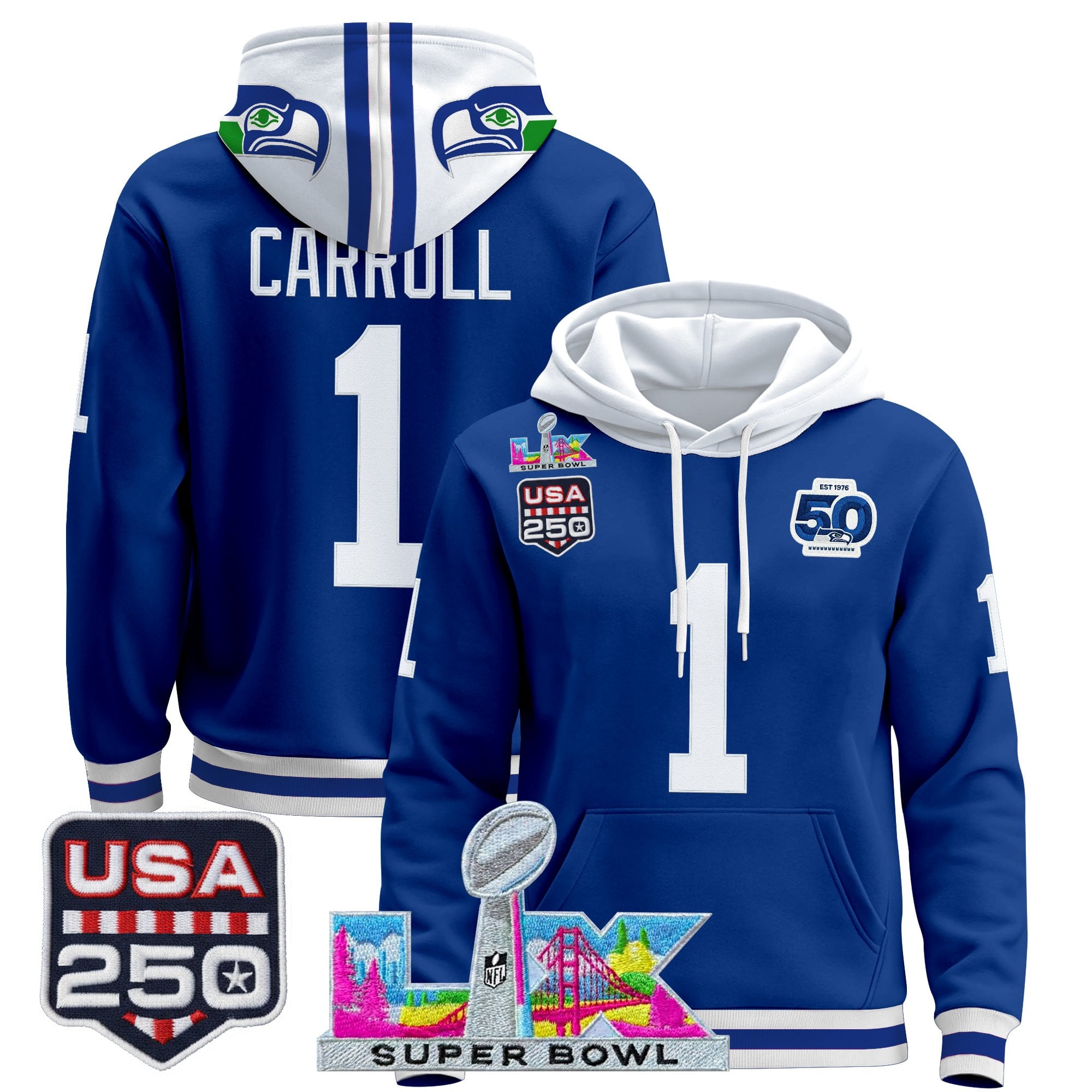 Men's Seattle Seahawks "Super Bowl LX & United States 250th Anniversary Patch" Premier Hoodie - All Stitched